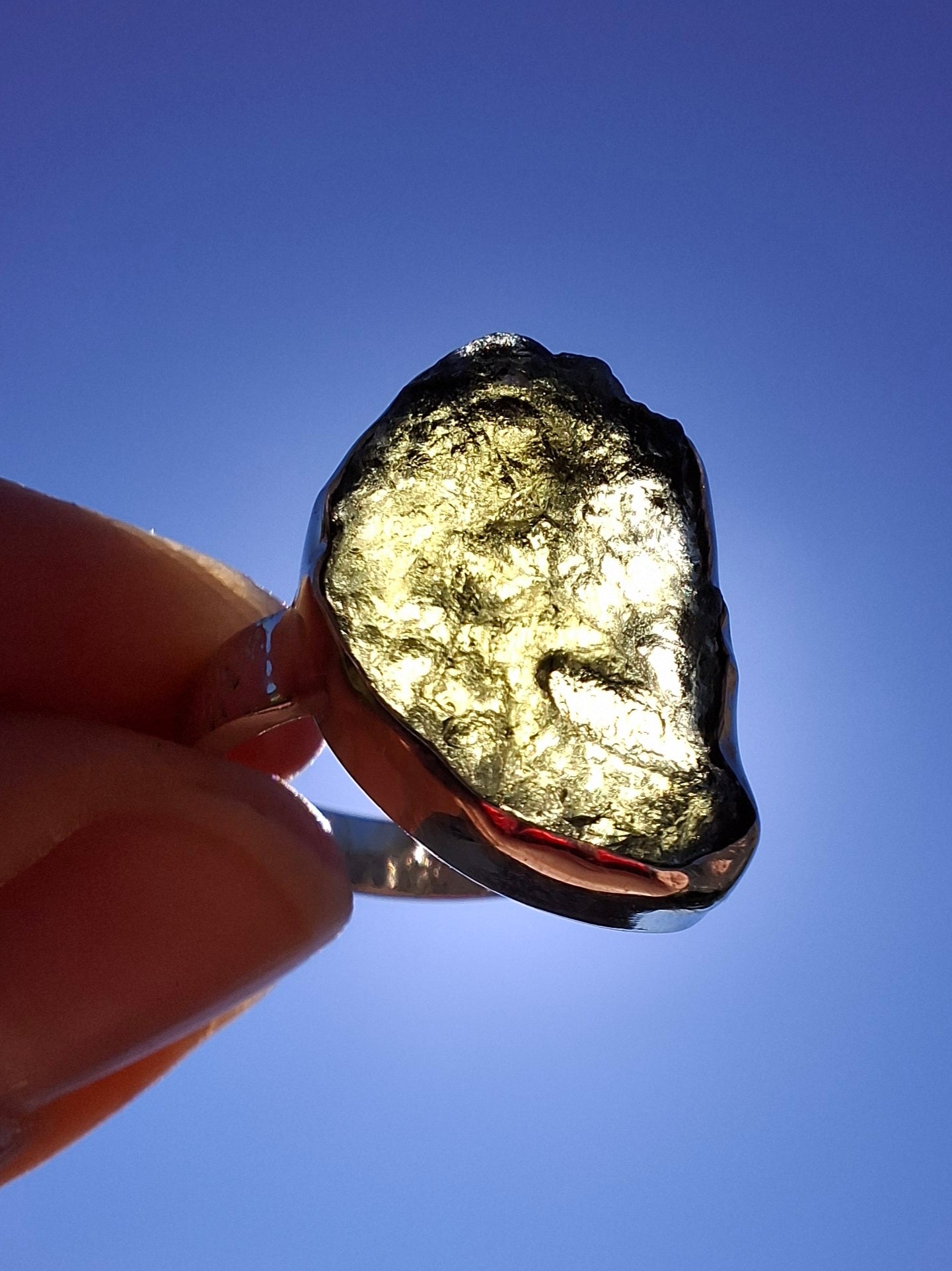 Moldavite Ring, size O, 925 Silver, Tektite (Ref: R311)