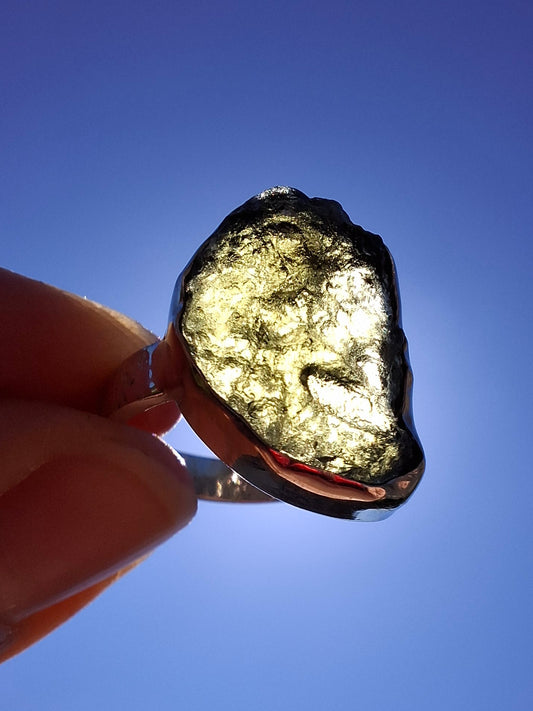 Moldavite Ring, size O, 925 Silver, Tektite (Ref: R311)