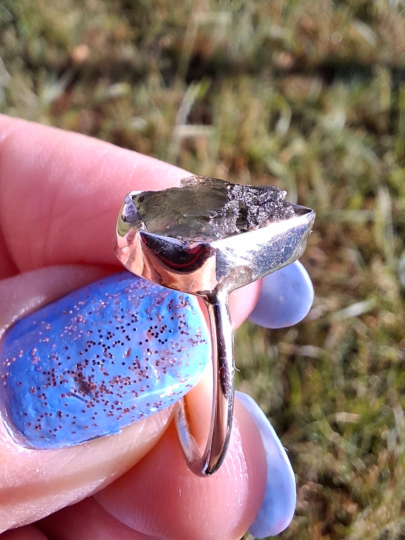 Moldavite Ring, size large G/small H, 925 Silver, Tektite (Ref: R19)