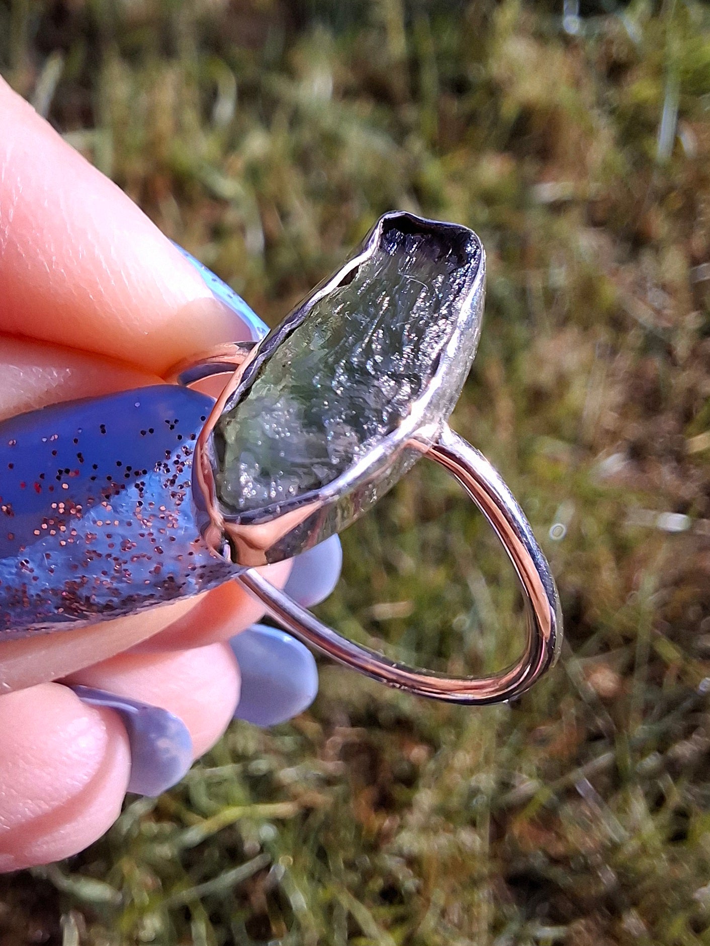 Moldavite Ring, size large R, 925 Silver, Tektite (Ref: R27)
