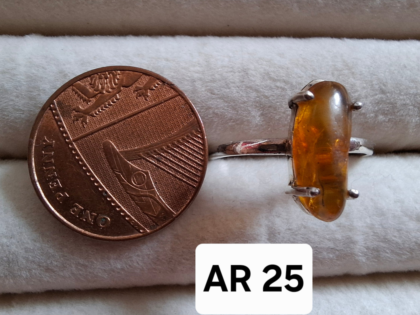 Baltic Amber Ring, size large V, 925 Silver, Fossil (Ref: AR25)