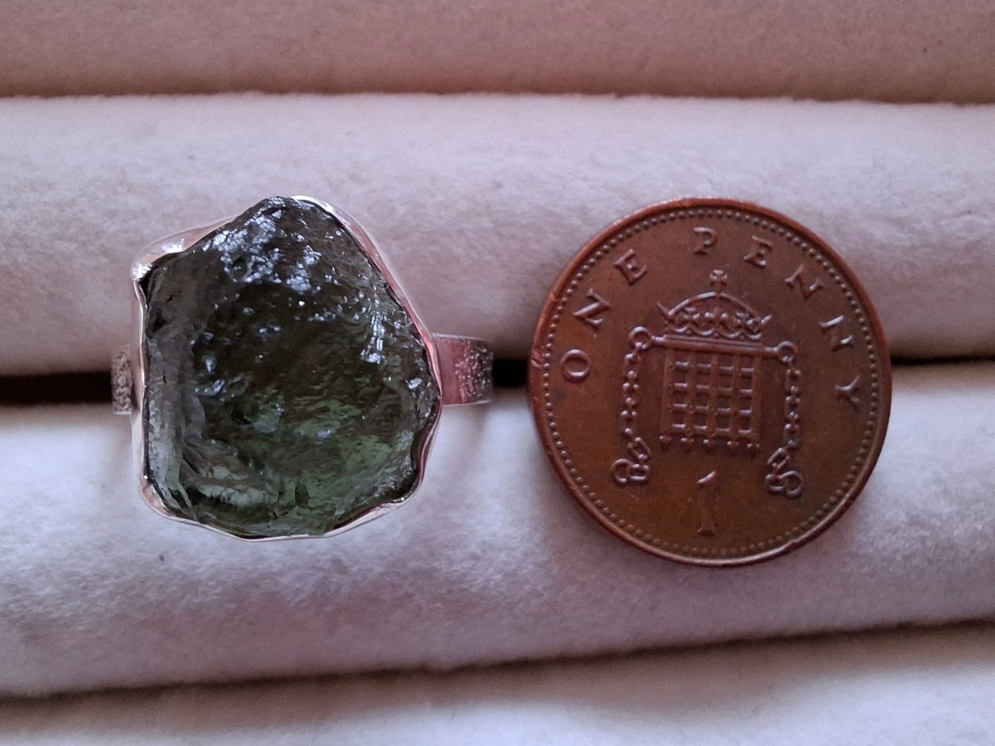Moldavite Ring, size O, 925 Silver, Tektite (Ref: R312)