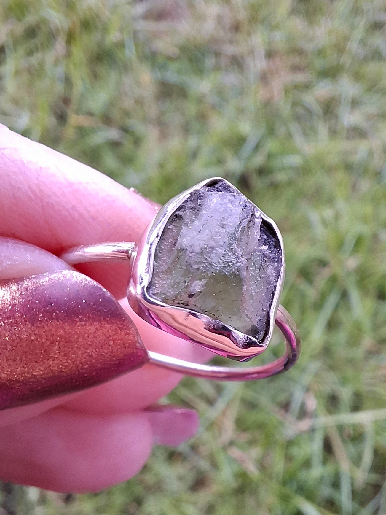 Moldavite Ring, size small U, 925 Silver, Tektite (Ref: R29)