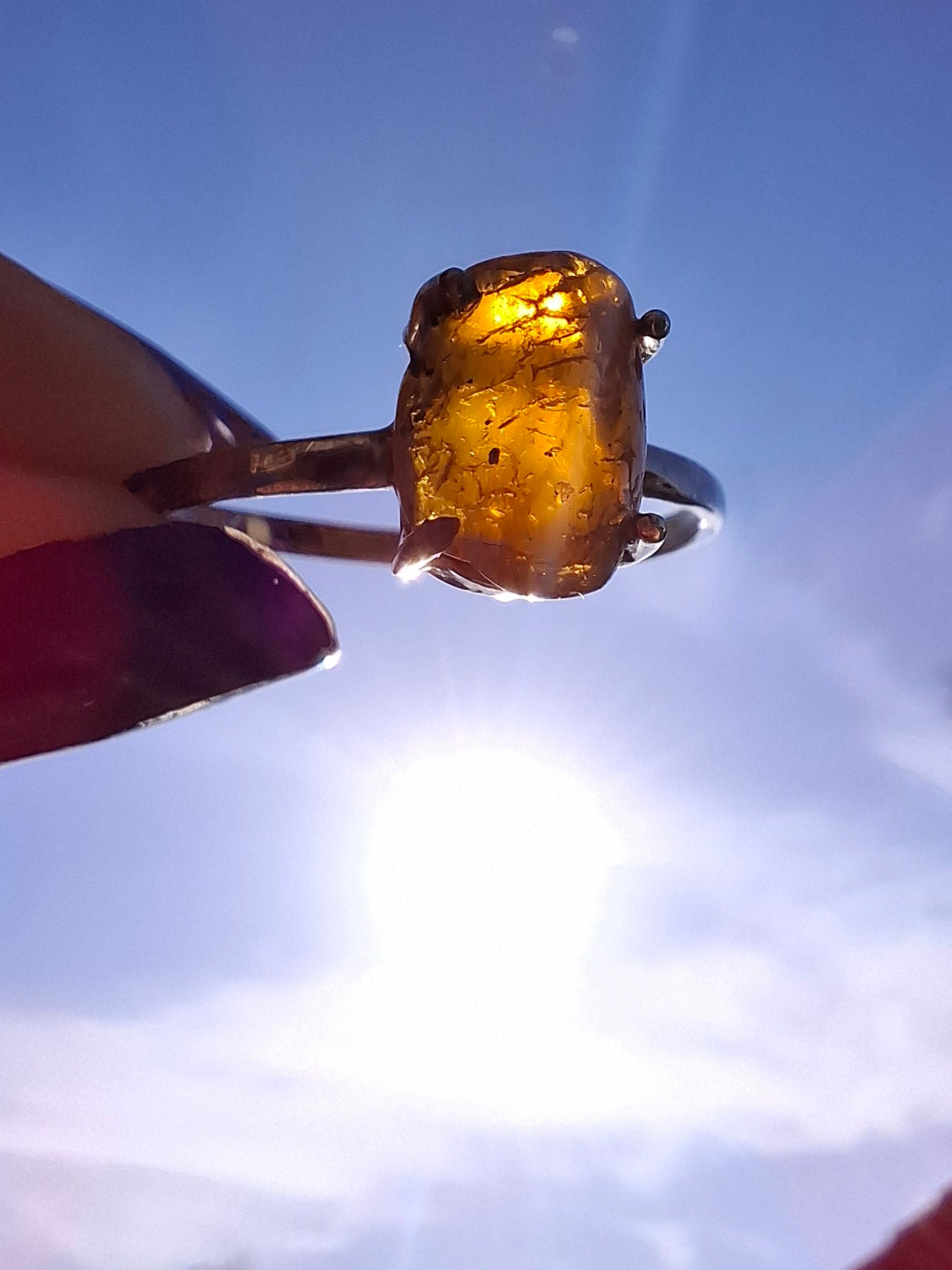 Baltic Amber Ring, size large W, 925 Silver, Fossil (Ref: AR28)