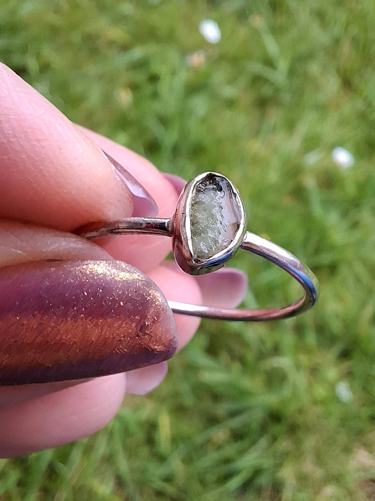 Moldavite Ring, size small T, 925 Silver, Tektite (Ref: R69)