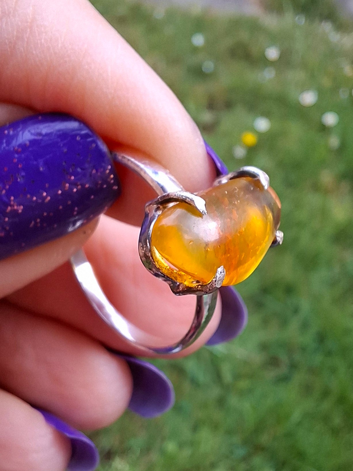 Baltic Amber Ring, size large T, 925 Silver, Fossil (Ref: AR18)