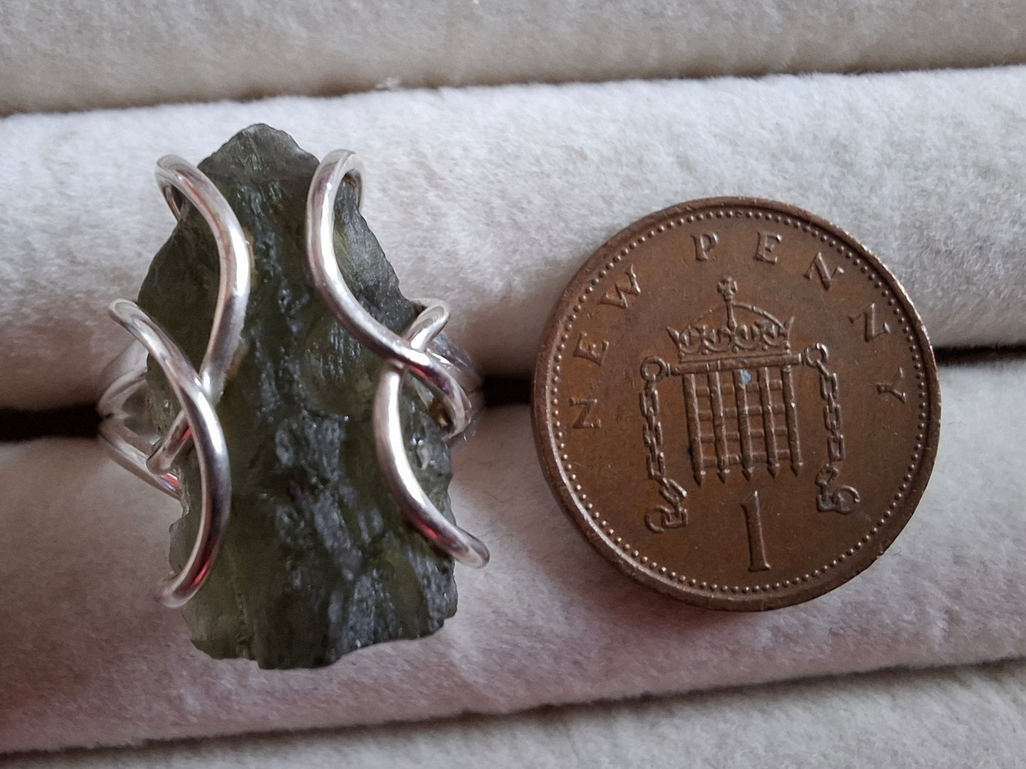 Moldavite Ring, size O, 925 Silver, Tektite (Ref: R8)