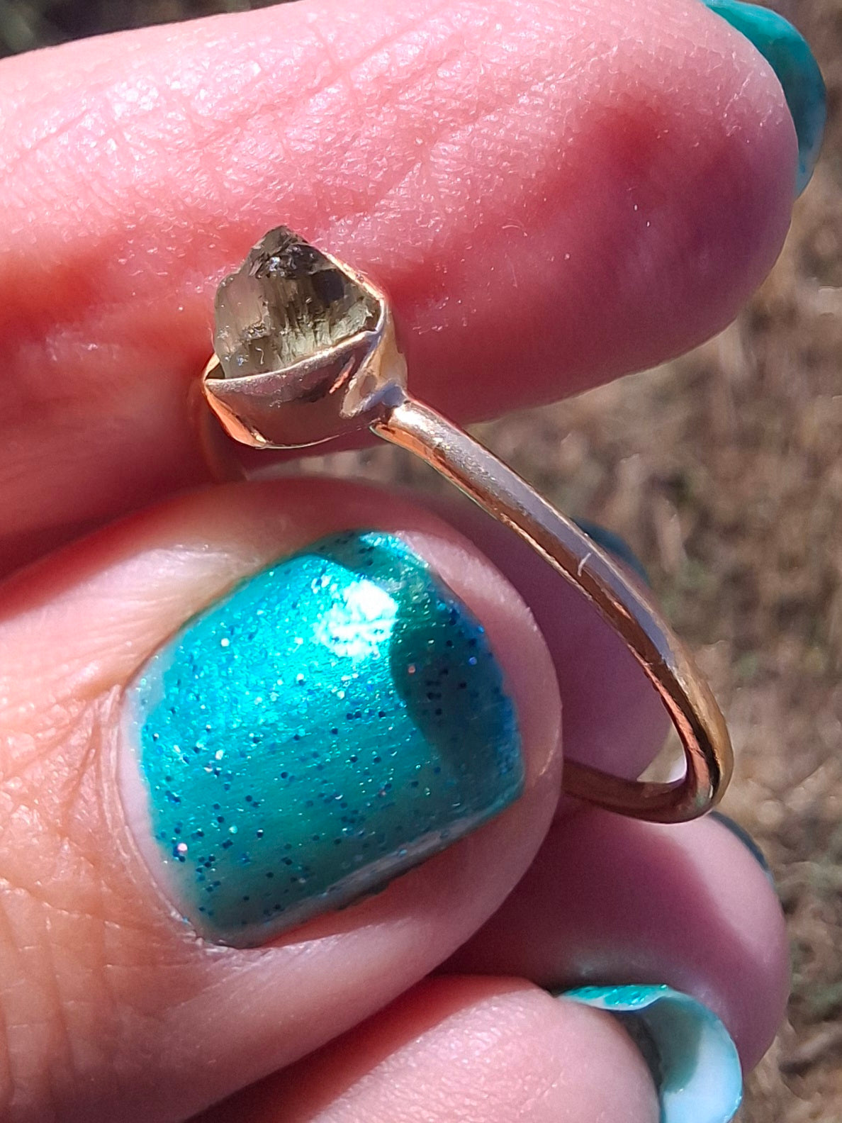 Moldavite Ring, 14K GOLD Plated, size large S / small T, Tektite (Ref: R352)