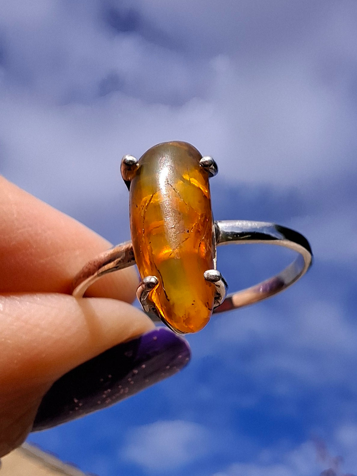 Baltic Amber Ring, size large V, 925 Silver, Fossil (Ref: AR25)