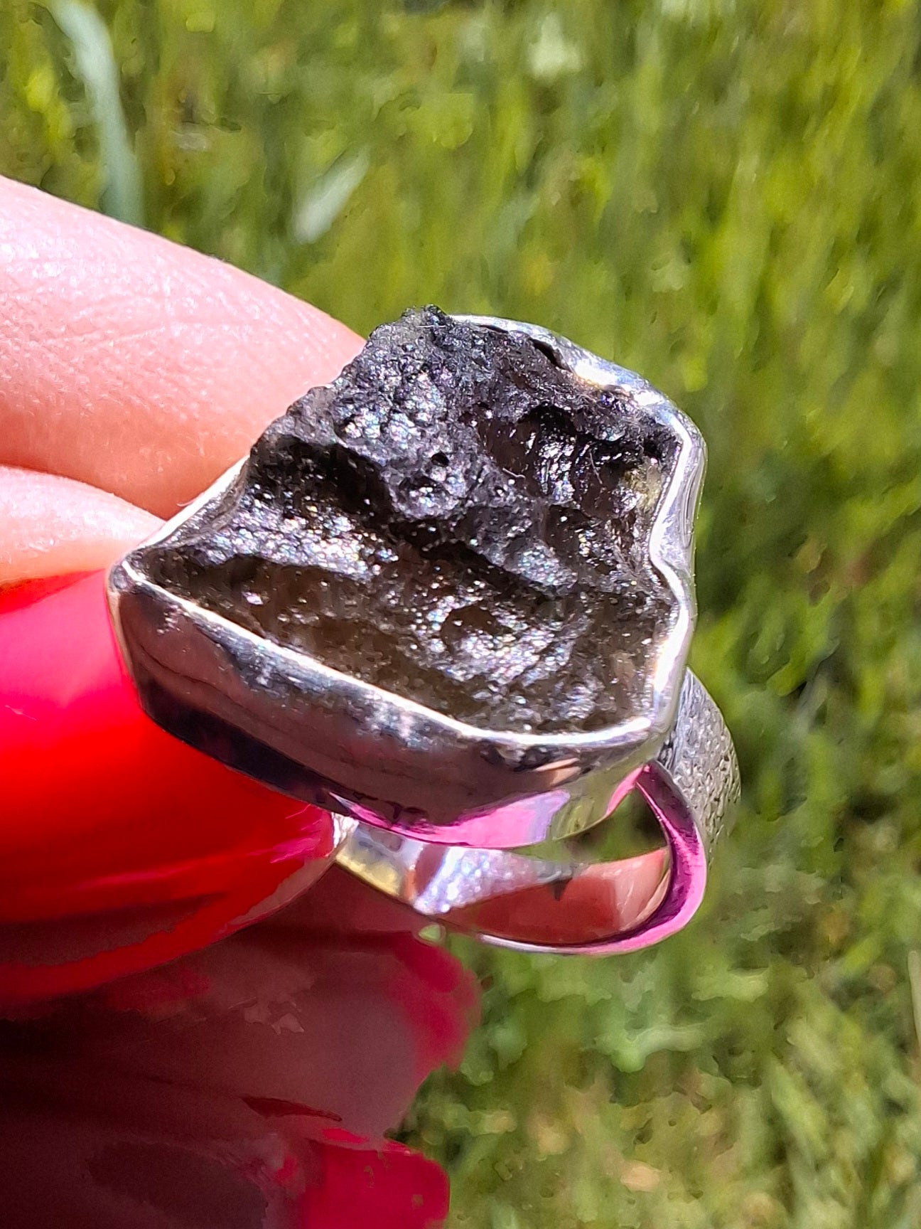 Moldavite Ring, size large M/small N, 925 Silver, Tektite (Ref: R309)