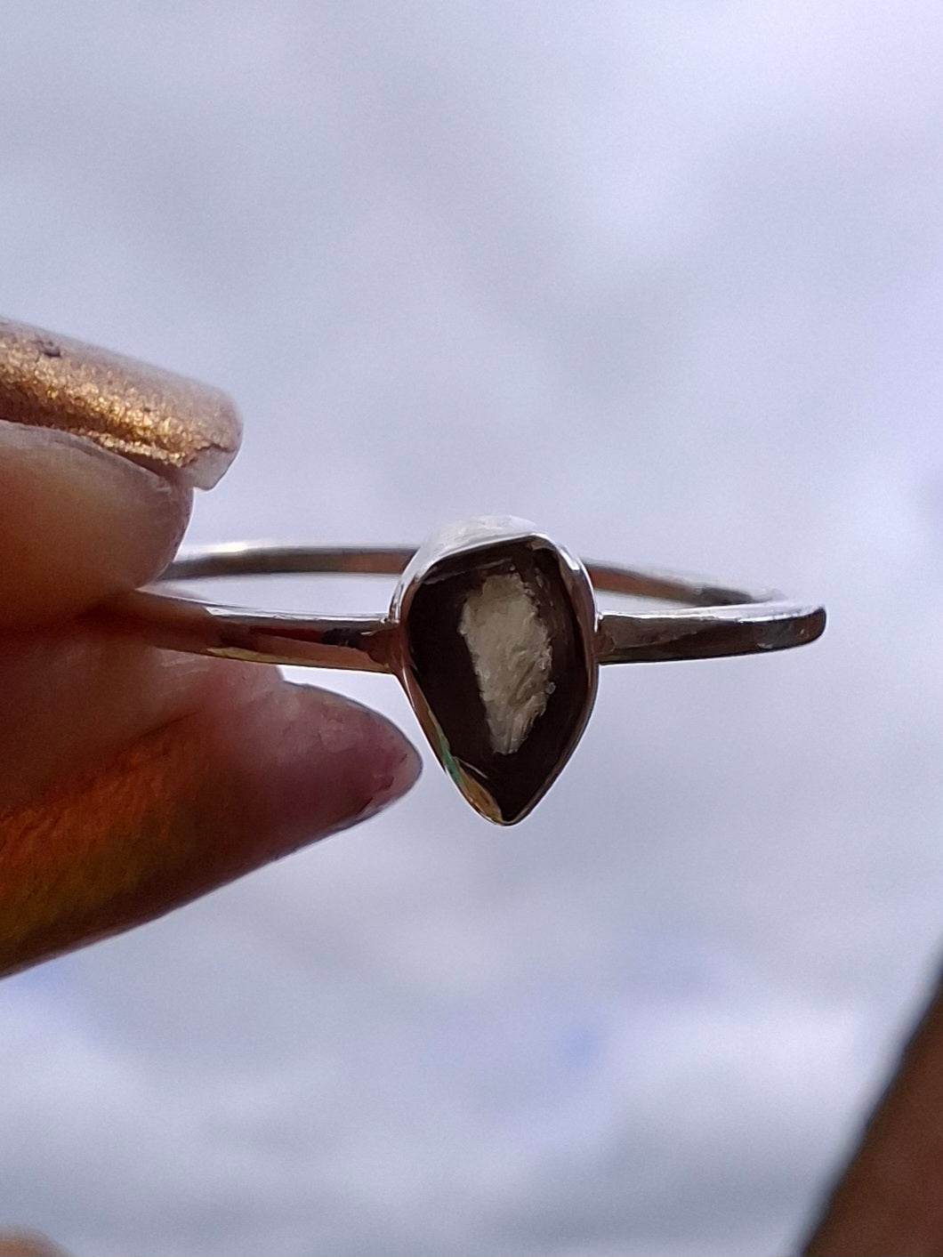 Moldavite Ring, size Q, 925 Silver, Tektite (Ref: R45)