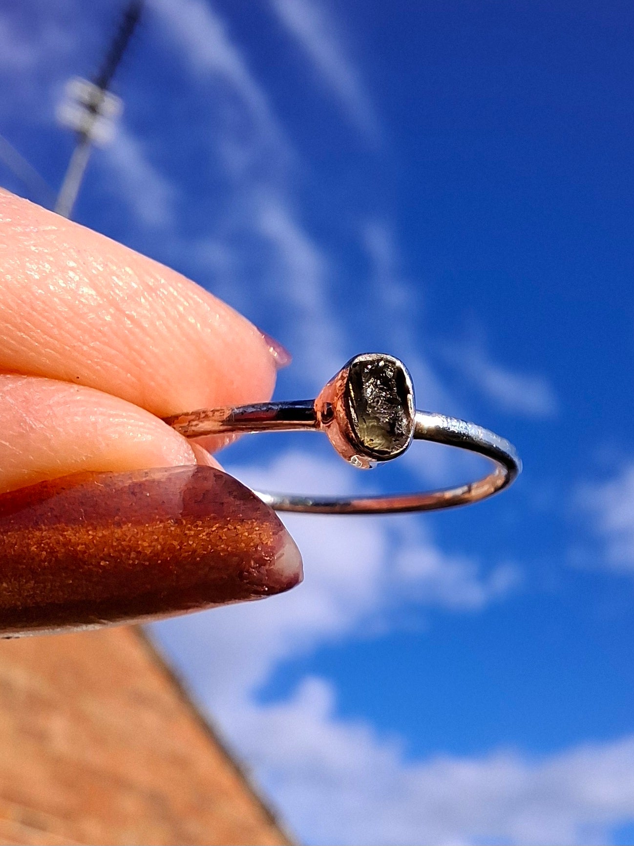 Moldavite Ring, size small P, 925 Silver, Tektite (Ref: R42)