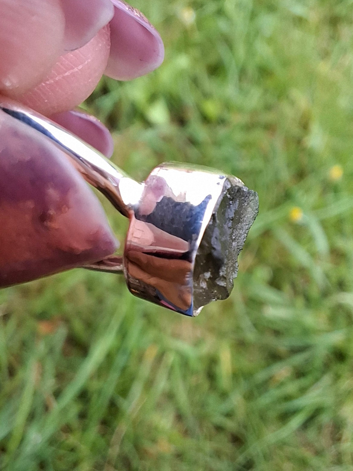 Moldavite Ring, size small W, 925 Silver, Tektite (Ref: R59)