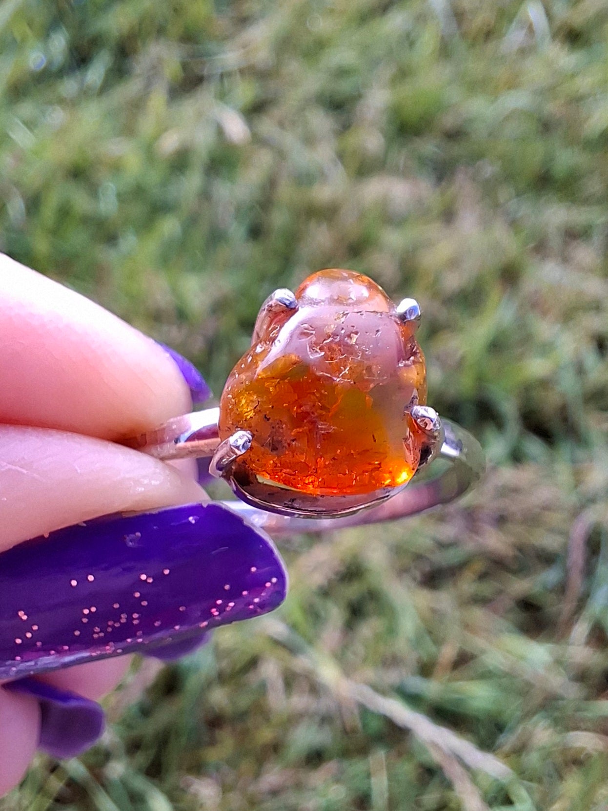 Baltic Amber Ring, size large X, 925 Silver, Fossil (Ref: AR34)