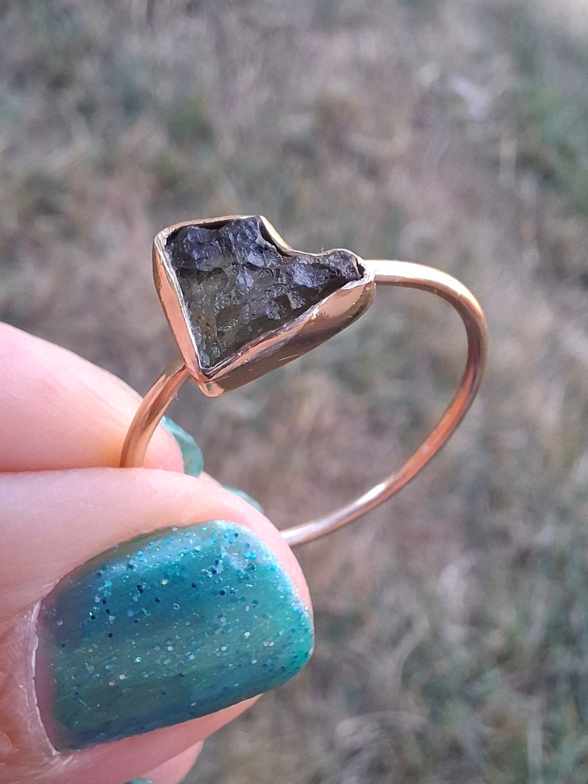 Moldavite Ring, 14K GOLD Plated, size large U, Tektite (Ref: R351)