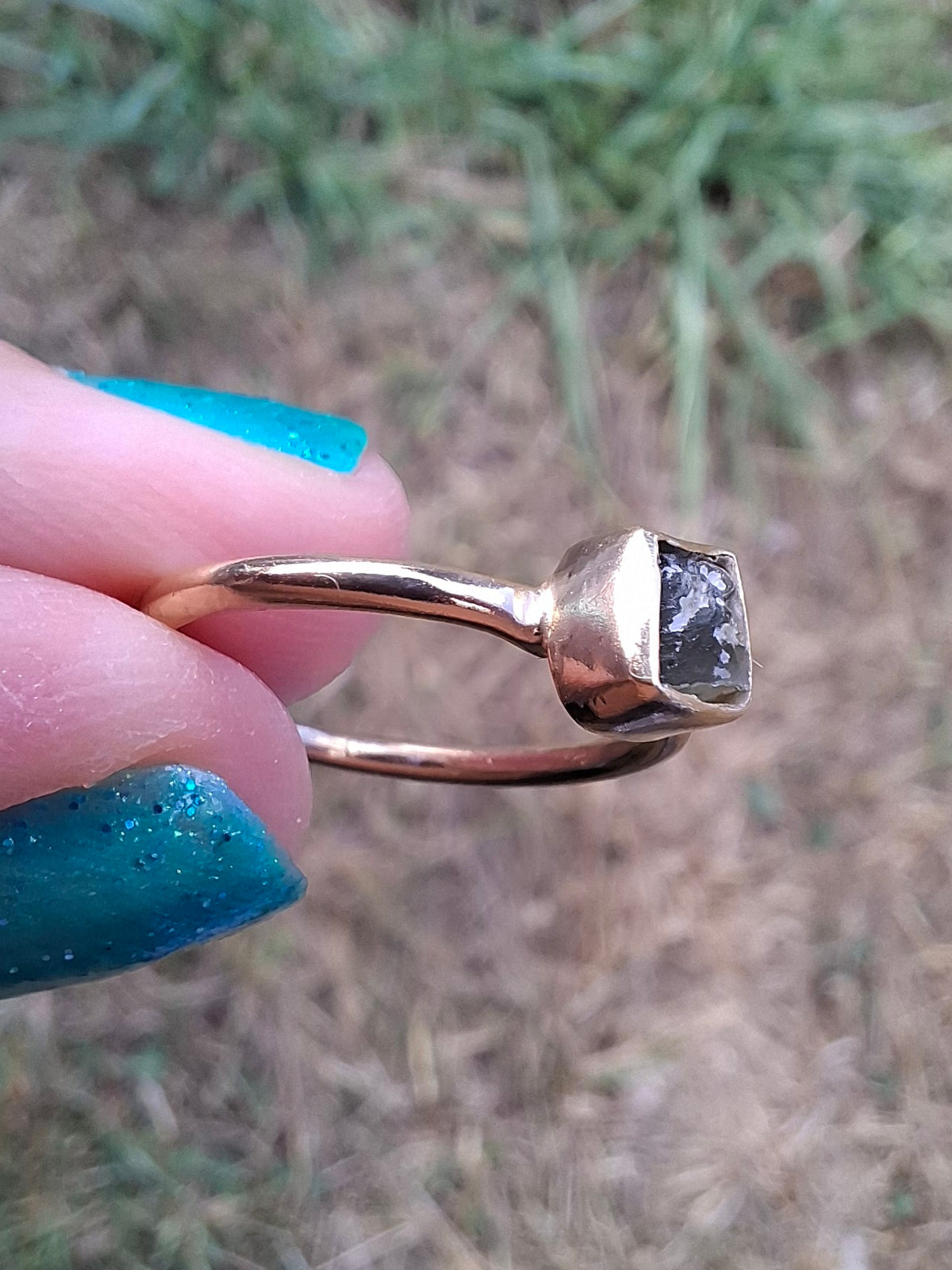 Moldavite Ring, 14K GOLD Plated, size small i, Tektite (Ref: R333)