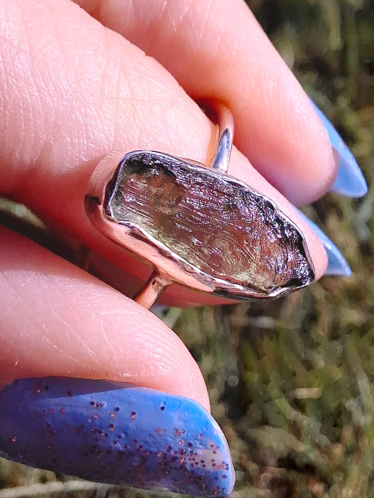 Moldavite Ring, size large R, 925 Silver, Tektite (Ref: R27)