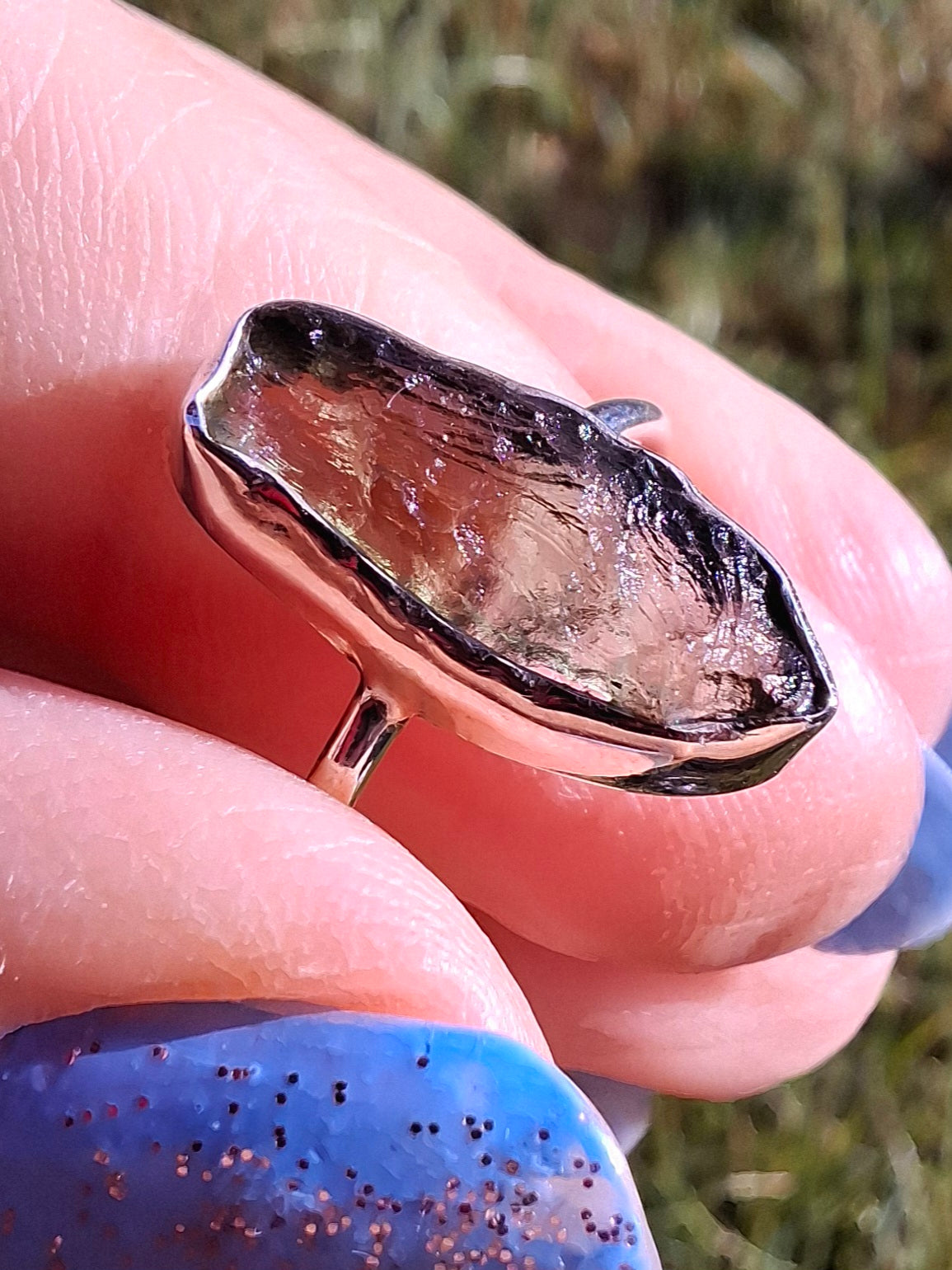 Moldavite Ring, size large R, 925 Silver, Tektite (Ref: R27)