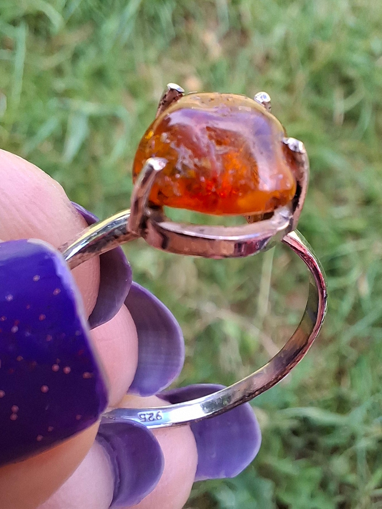 Baltic Amber Ring, size large X, 925 Silver, Fossil (Ref: AR34)