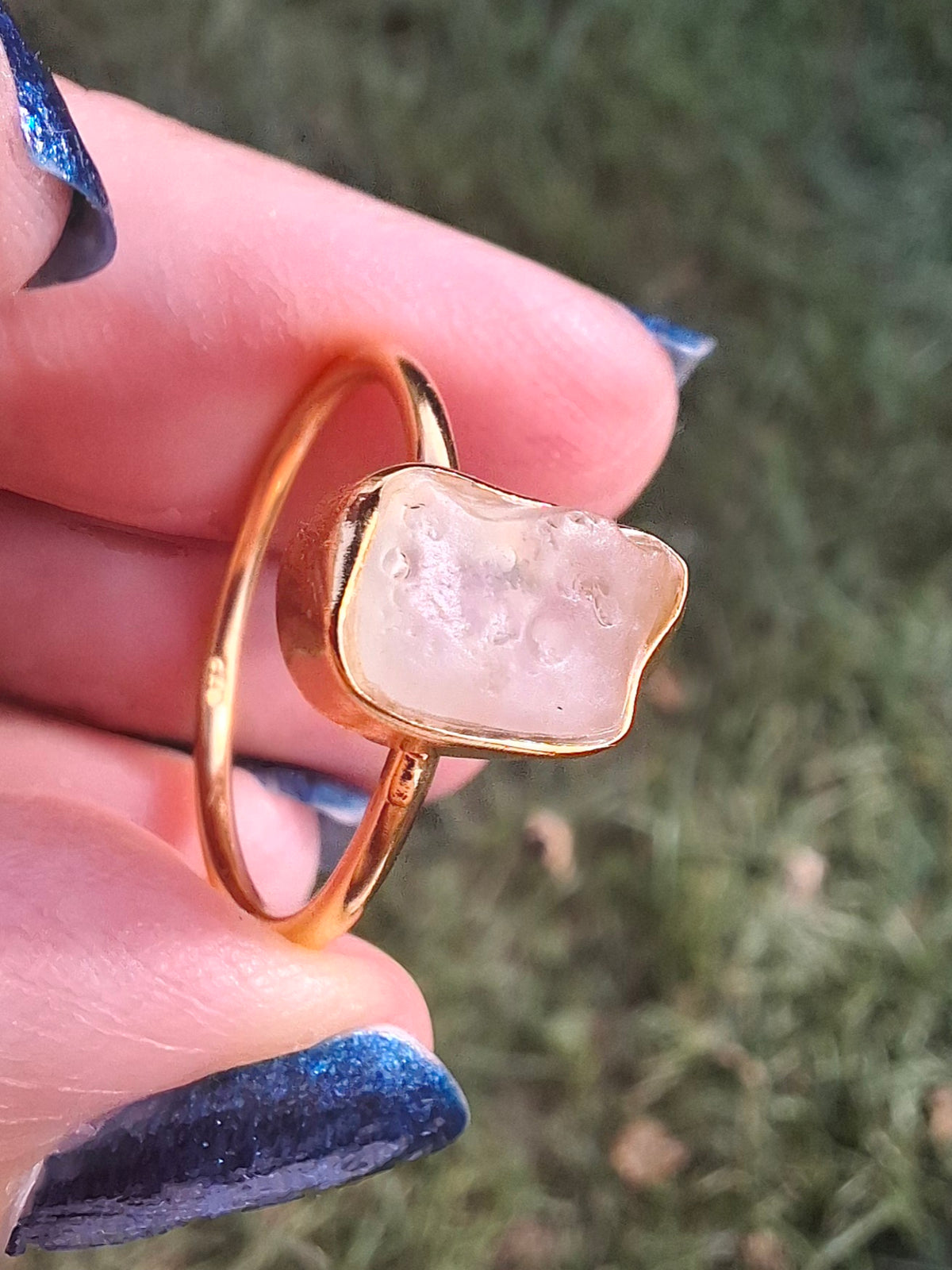 Libyan Desert Glass Ring, 14K GOLD Plated, size large Q, Tektite (Ref: LR64)