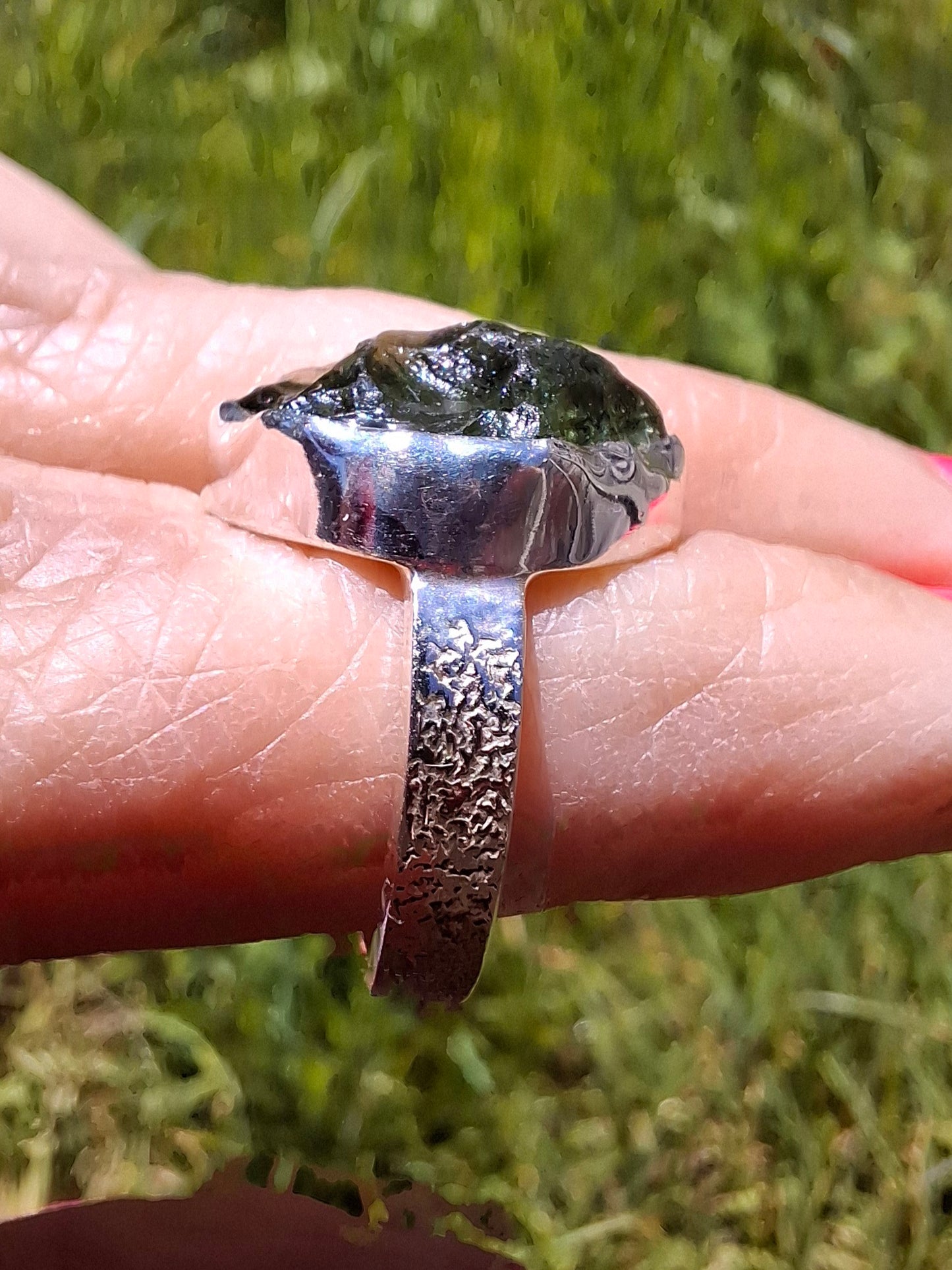 Moldavite Ring, size K, 925 Silver, Tektite (Ref: R301)