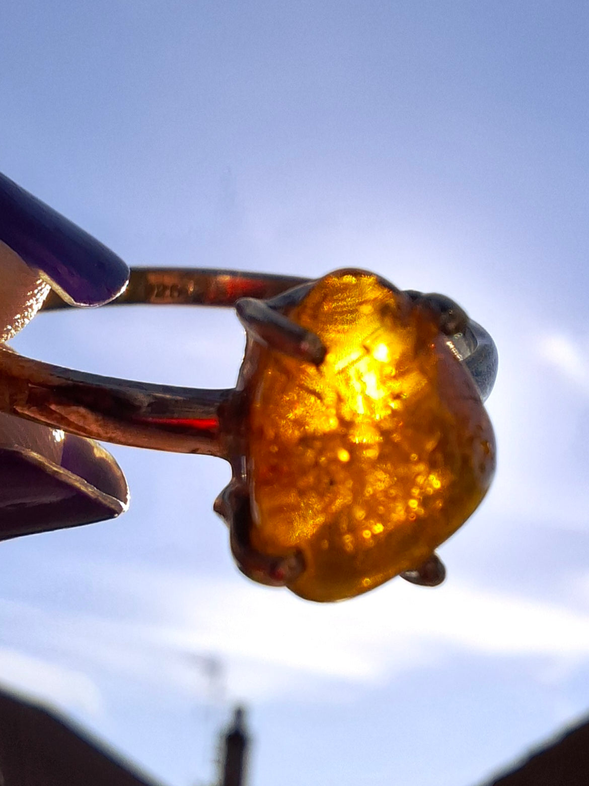 Baltic Amber Ring, size large Y, 925 Silver, Fossil (Ref: AR37)