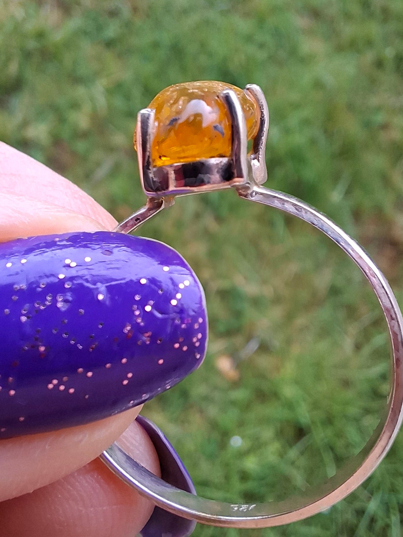 Baltic Amber Ring, size large Y, 925 Silver, Fossil (Ref: AR37)