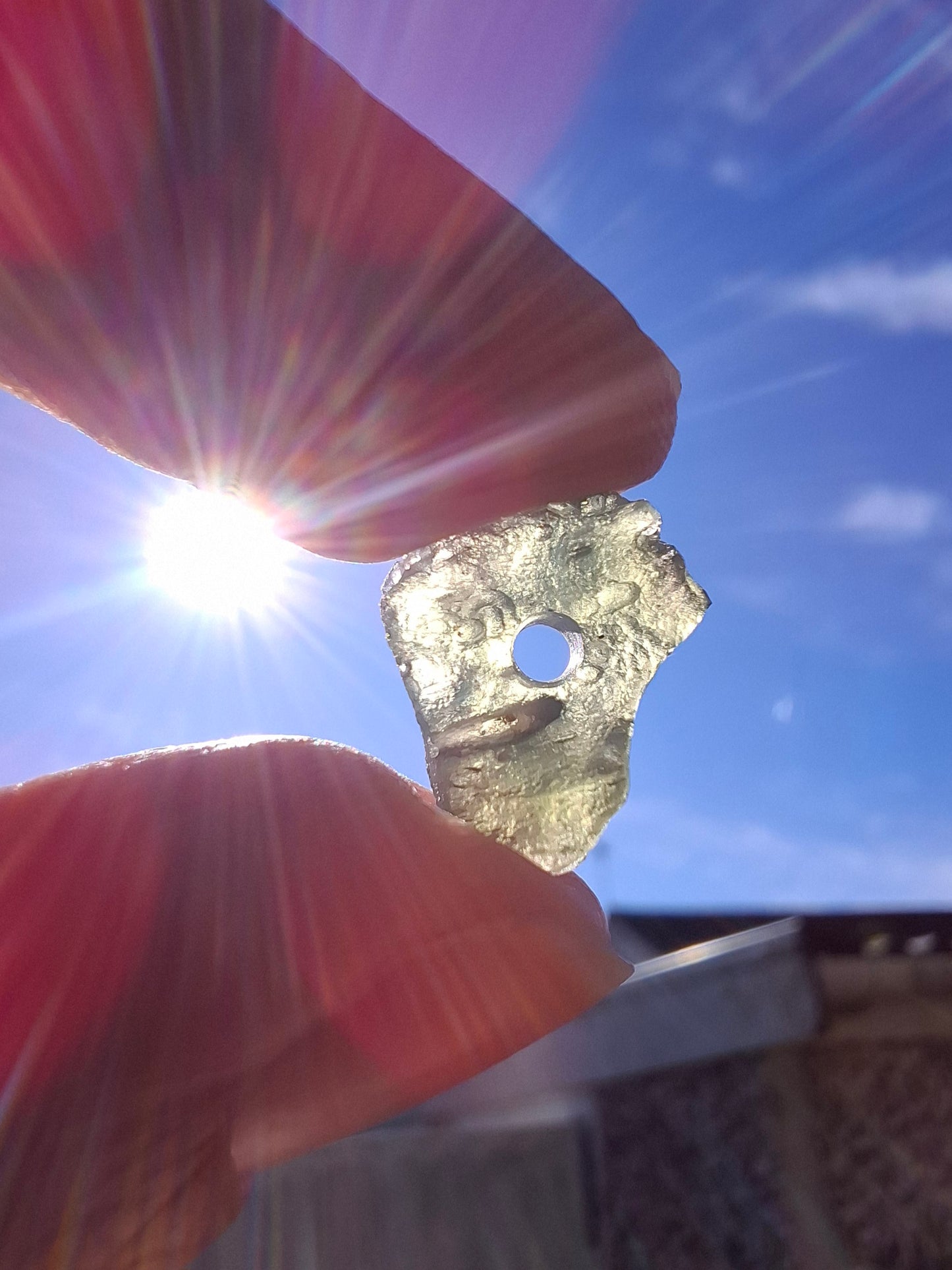 DRILLED Moldavite Piece, 1g, Tektite (Ref: D12)