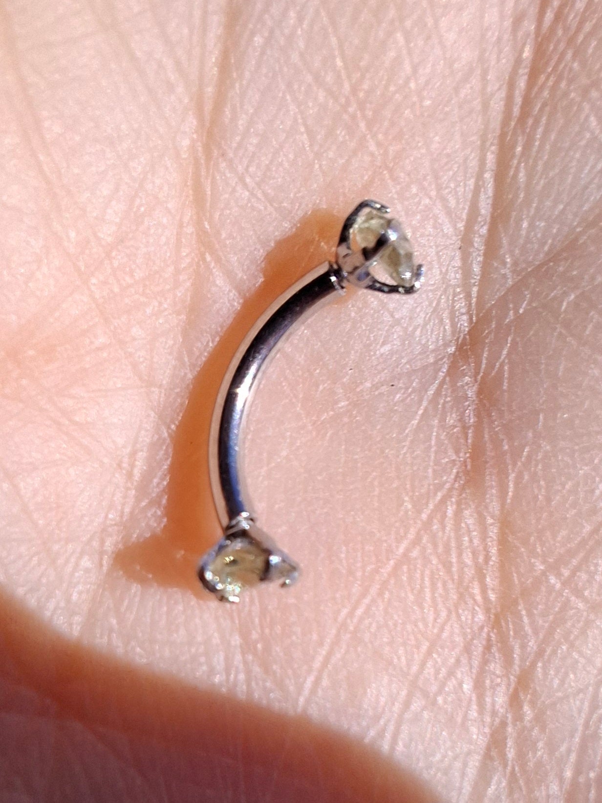 Moldavite (raw) CURVED BARBELL eyebrow body bar, 16G, Surgical steel, Tektite (Ref: CB2)
