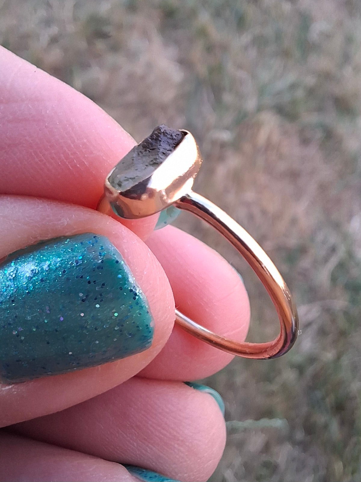 Moldavite Ring, 14K GOLD Plated, size small L, Tektite (Ref: R342)