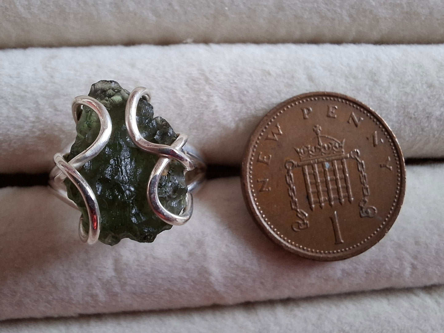Moldavite Ring, size O, 925 Silver, Tektite (Ref: R7)