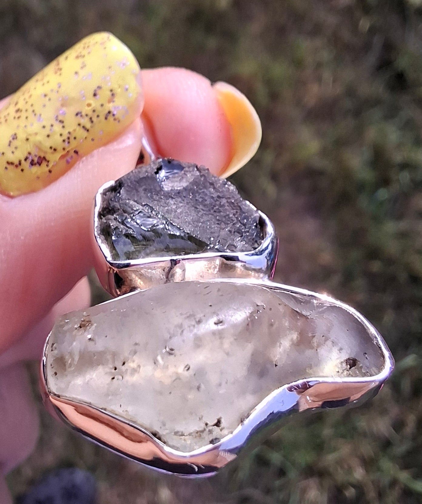 Moldavite & Libyan Desert Glass Pendant, 925 Silver, Tektite (Ref: MLP10)