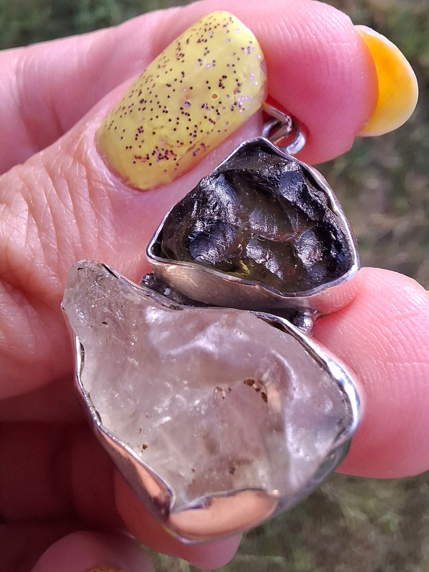 Moldavite & Libyan Desert Glass Pendant, 925 Silver, Tektite (Ref: MLP18)
