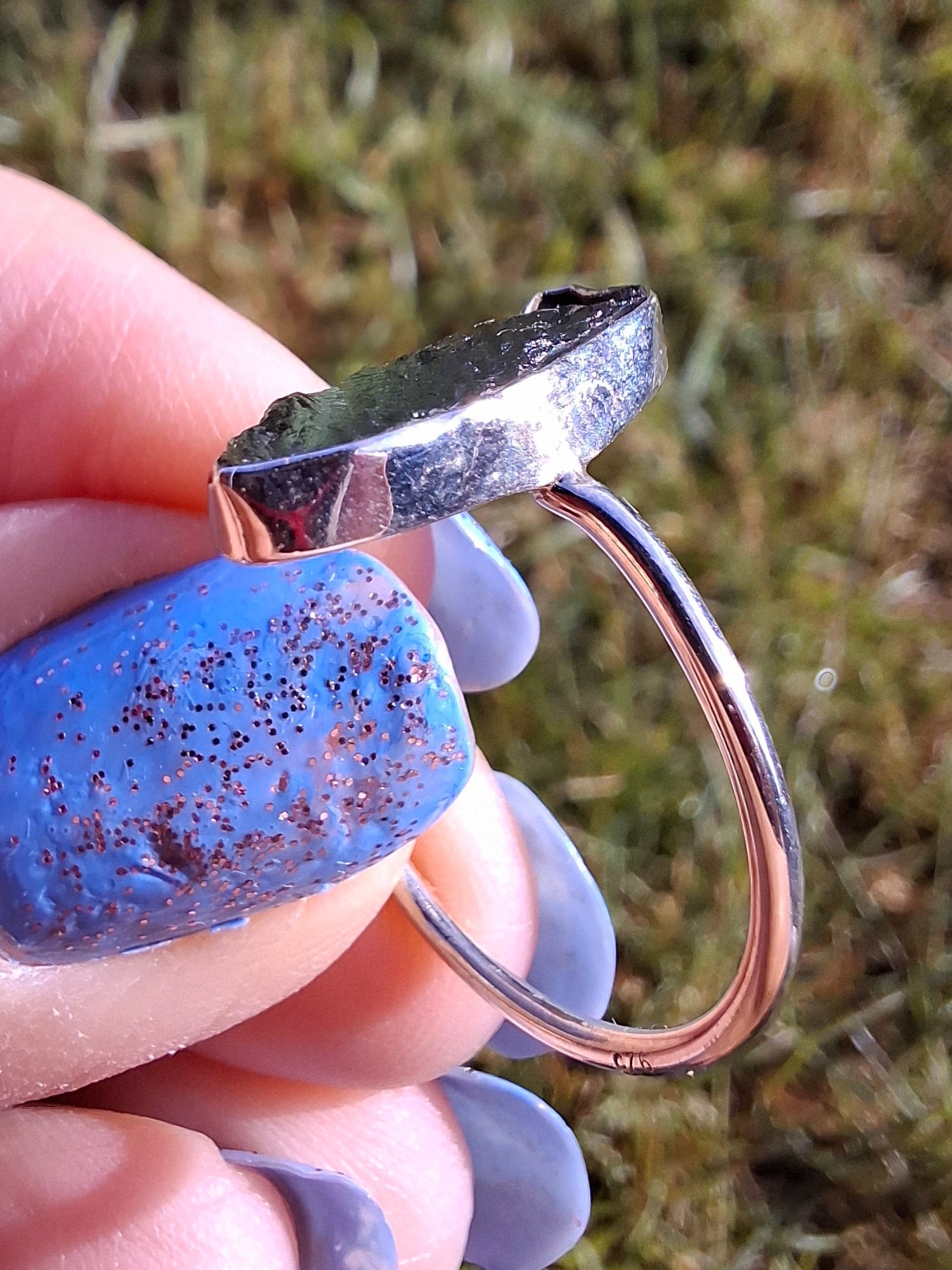Moldavite Ring, size large R, 925 Silver, Tektite (Ref: R27)