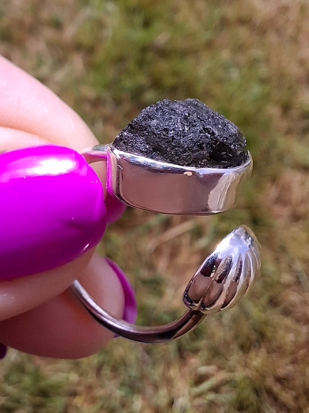Moldavite ADJUSTABLE Ring, size large N, 925 Silver, Tektite (Ref: AR 39)