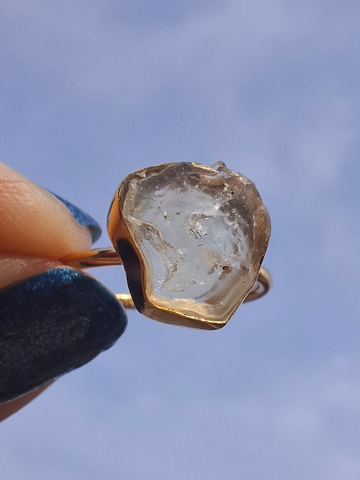 Libyan Desert Glass Ring, 14K GOLD Plated, size large N, Tektite (Ref: LR75)
