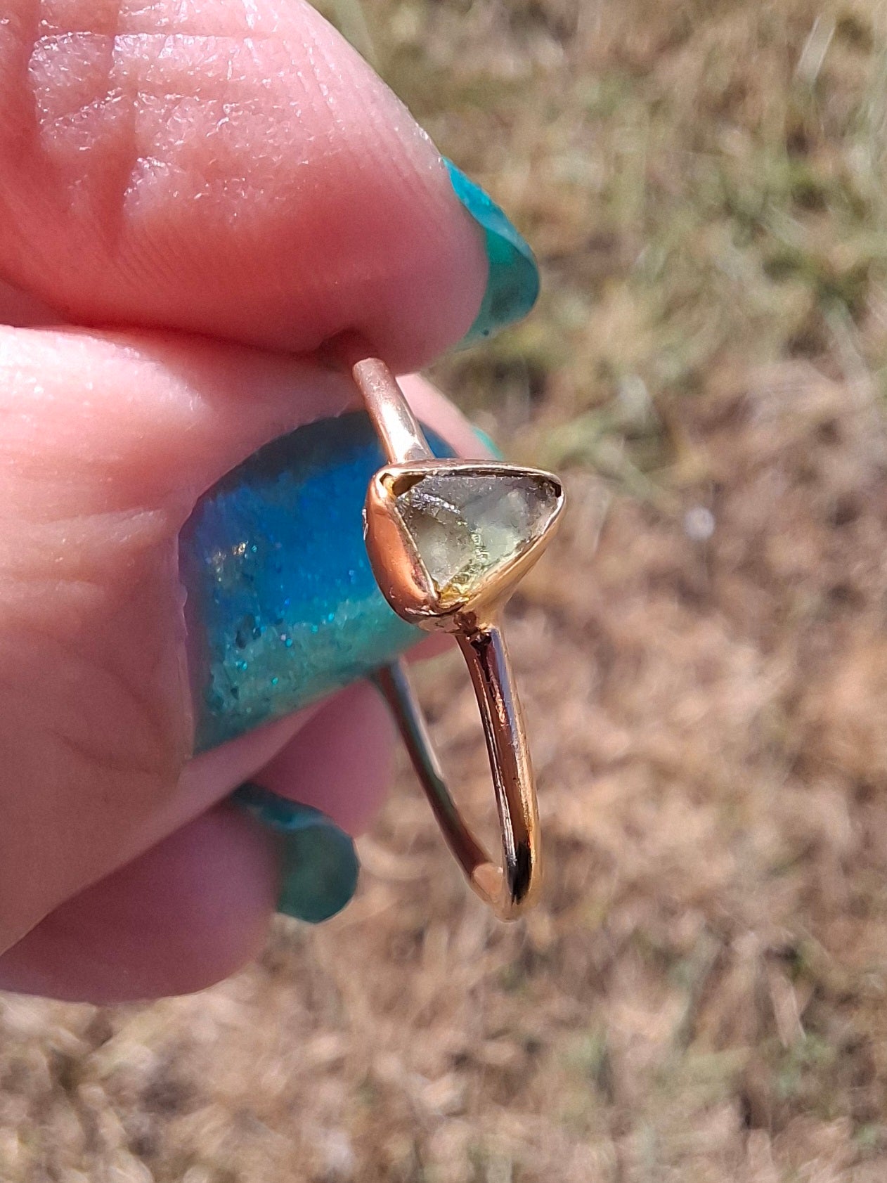 Moldavite Ring, 14K GOLD Plated, size large T, Tektite (Ref: R349)