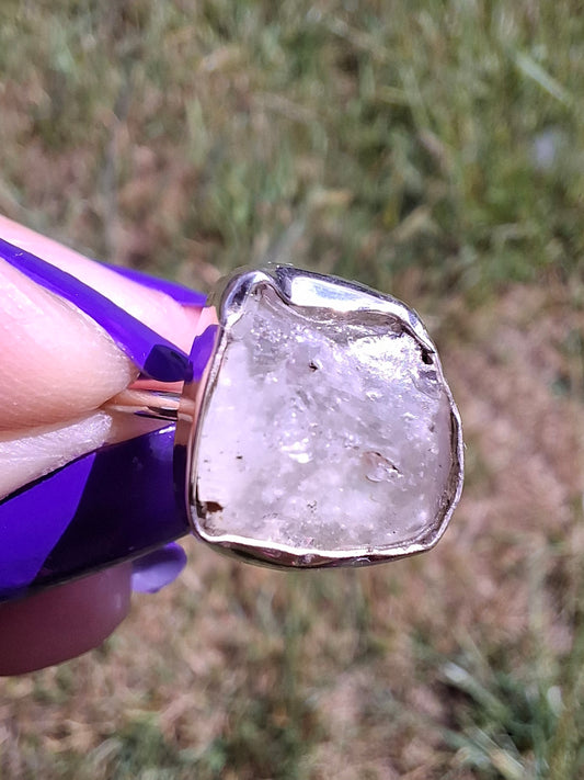 Libyan Desert Glass Ring, size P, 925 Silver, Tektite (Ref: LR27)
