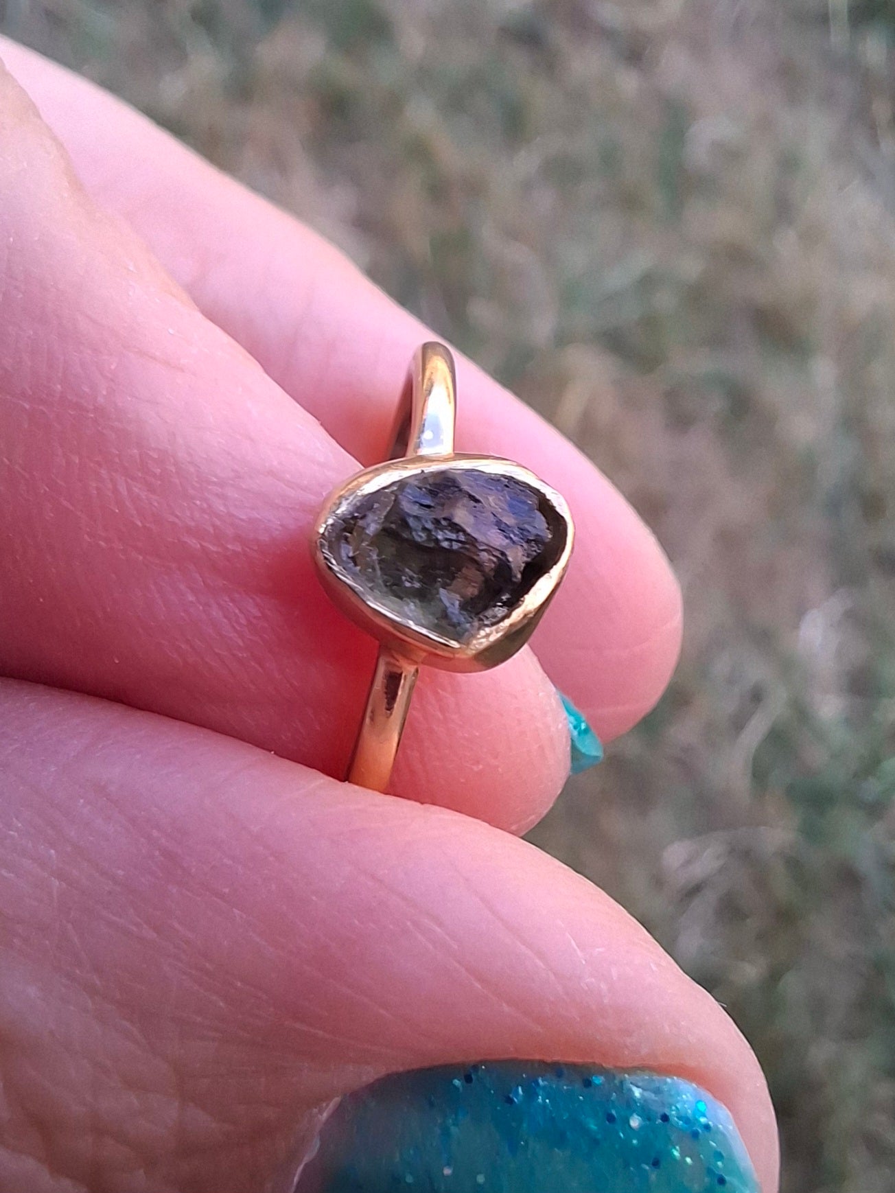 Moldavite Ring, 14K GOLD Plated, size large L, Tektite (Ref: R343)