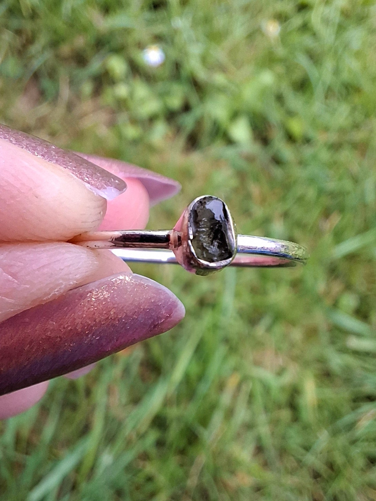 Moldavite Ring, size small P, 925 Silver, Tektite (Ref: R42)