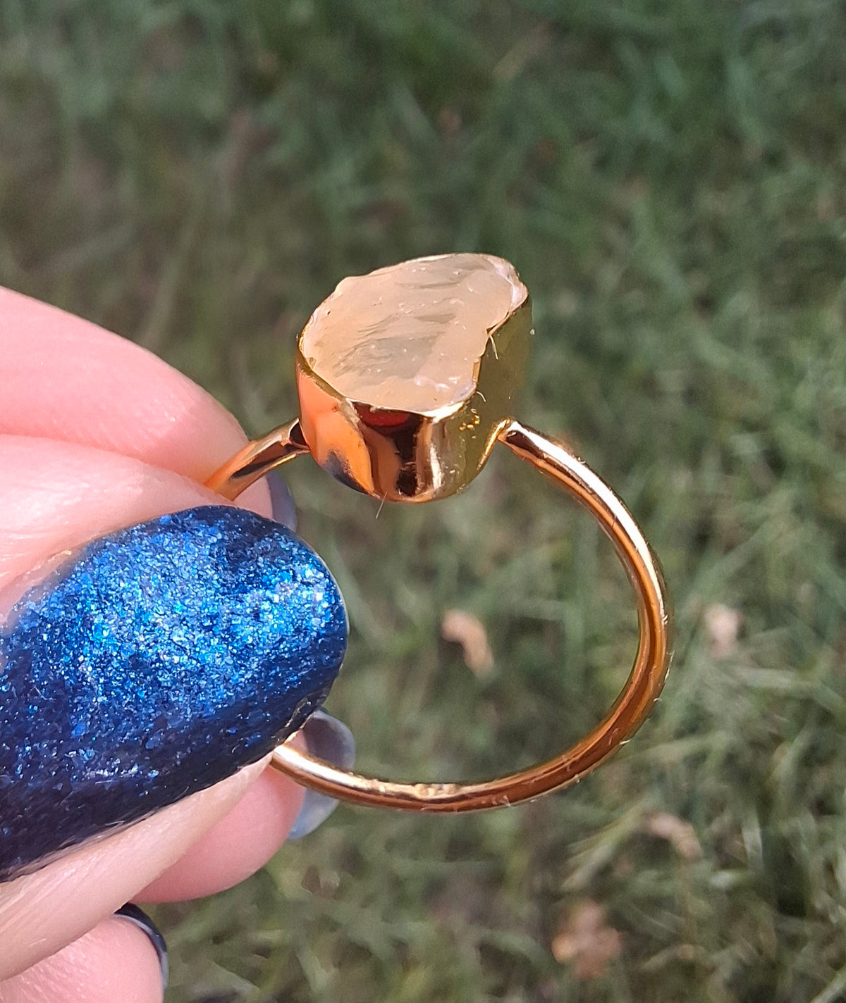 Libyan Desert Glass Ring, 14K GOLD Plated, size Q, Tektite (Ref: LR77)
