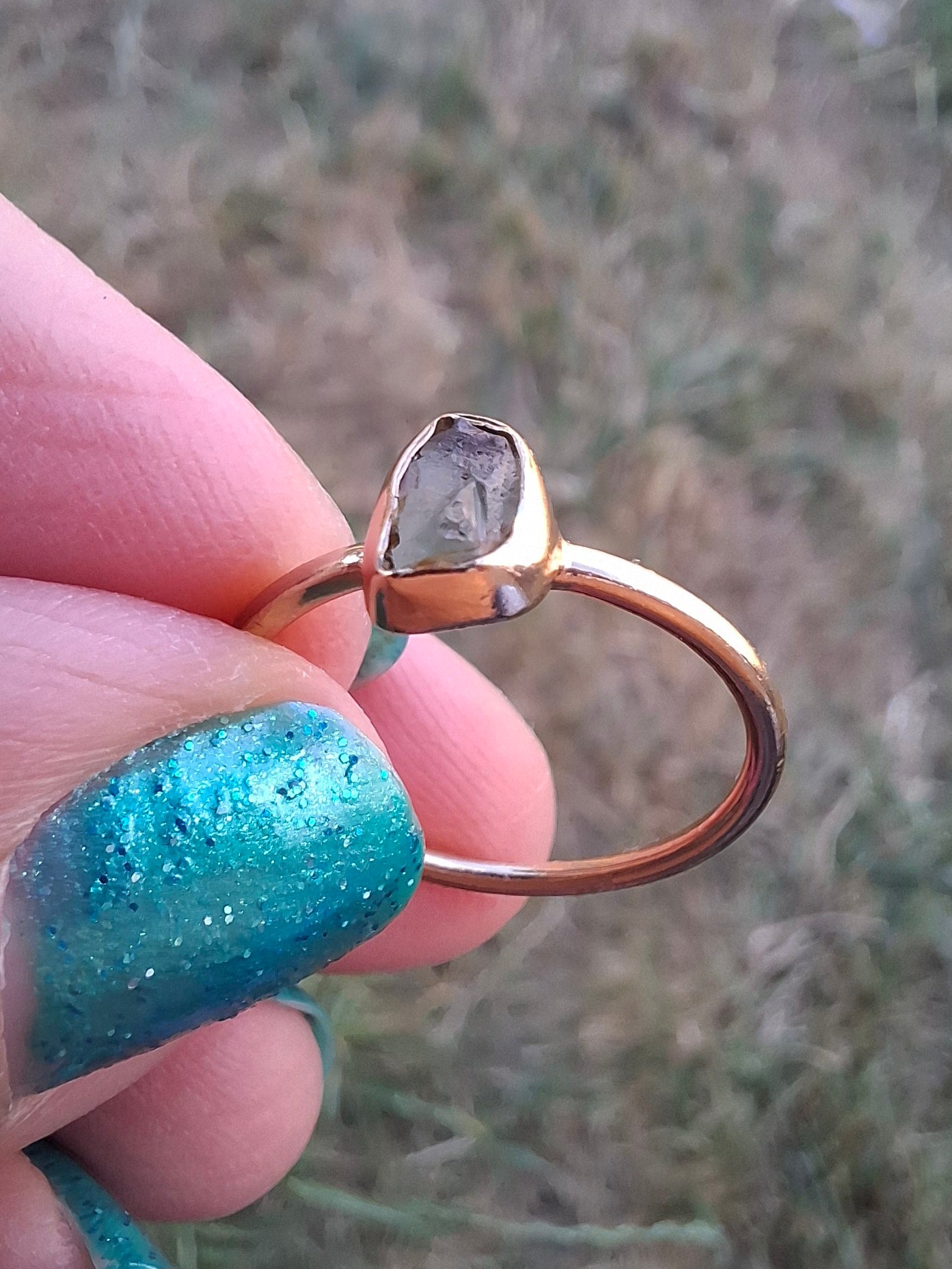 Moldavite Ring, 14K GOLD Plated, size small L, Tektite (Ref: R342)