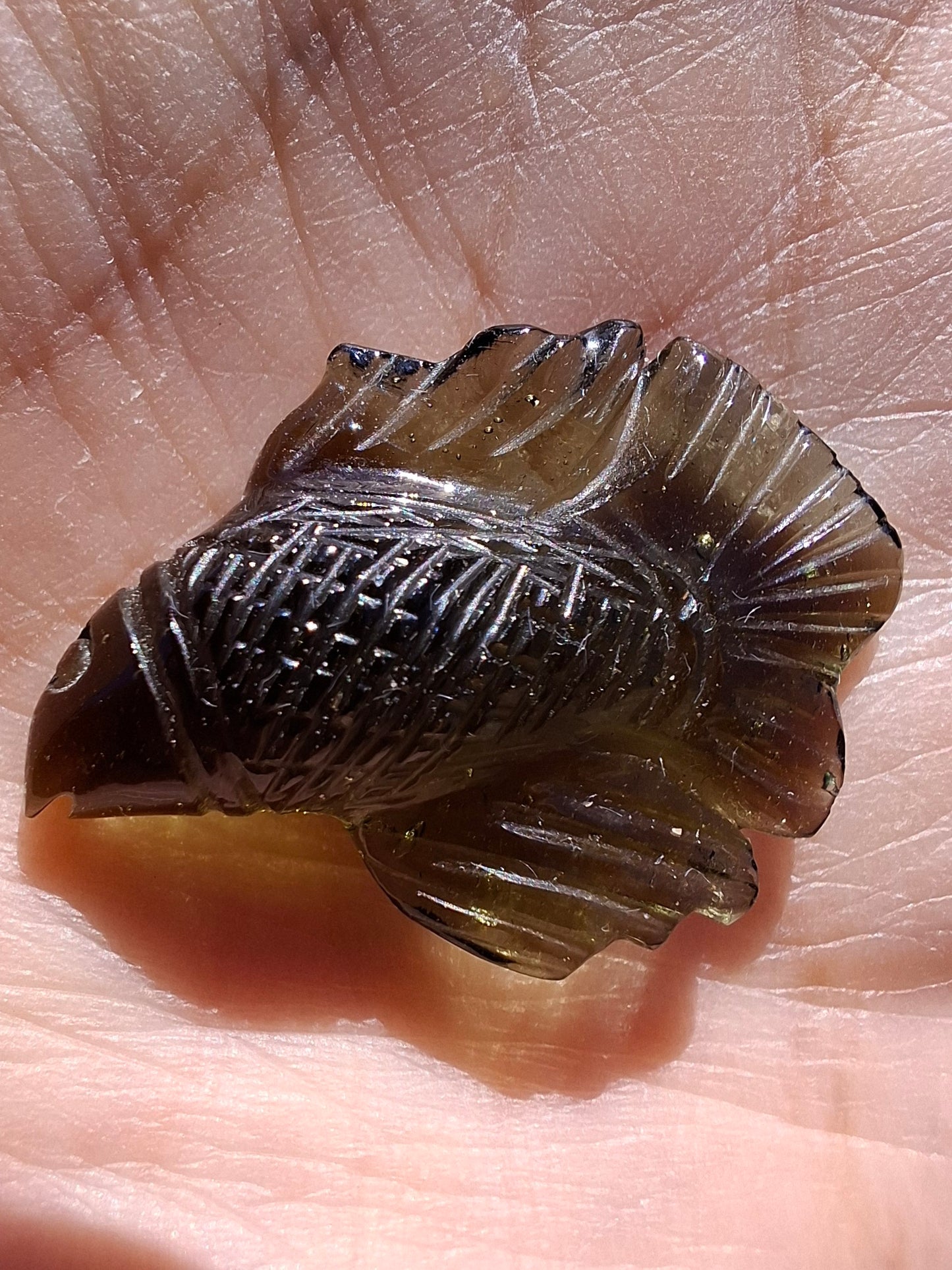 Moldavite FISH carving, (flat back), 3.29g, Tektite (Ref: Fish9)