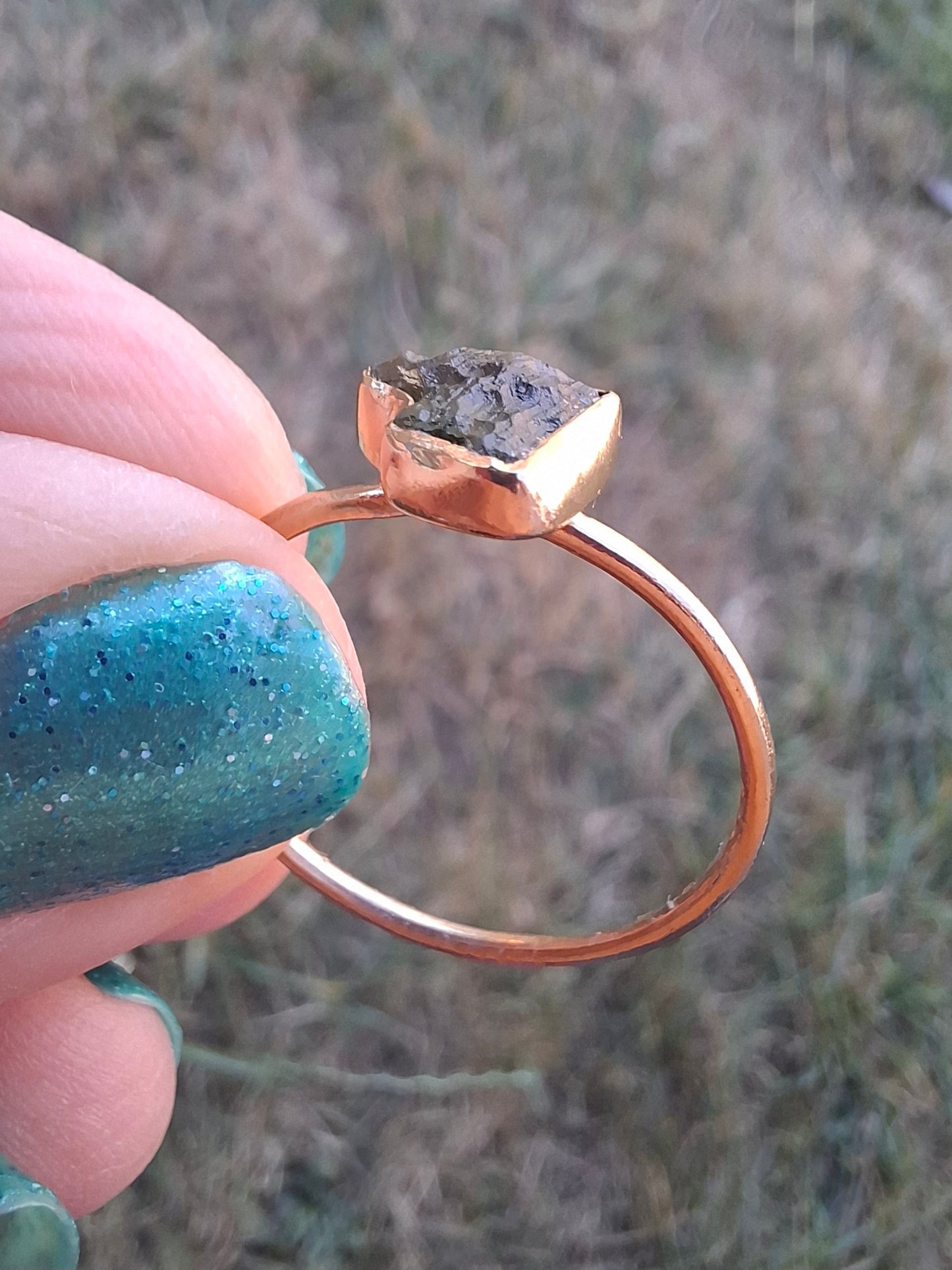 Moldavite Ring, 14K GOLD Plated, size large U, Tektite (Ref: R351)