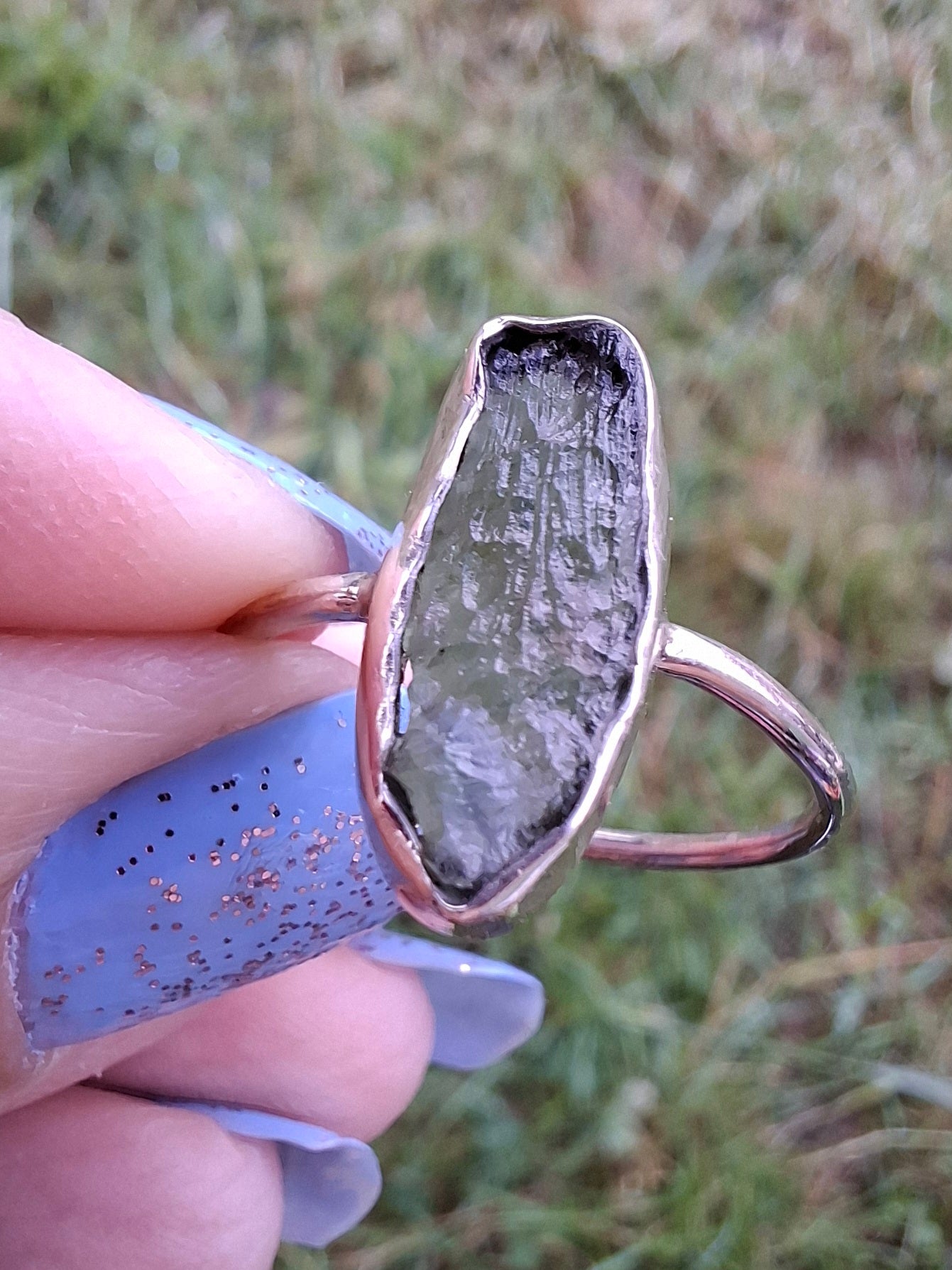 Moldavite Ring, size large R, 925 Silver, Tektite (Ref: R27)