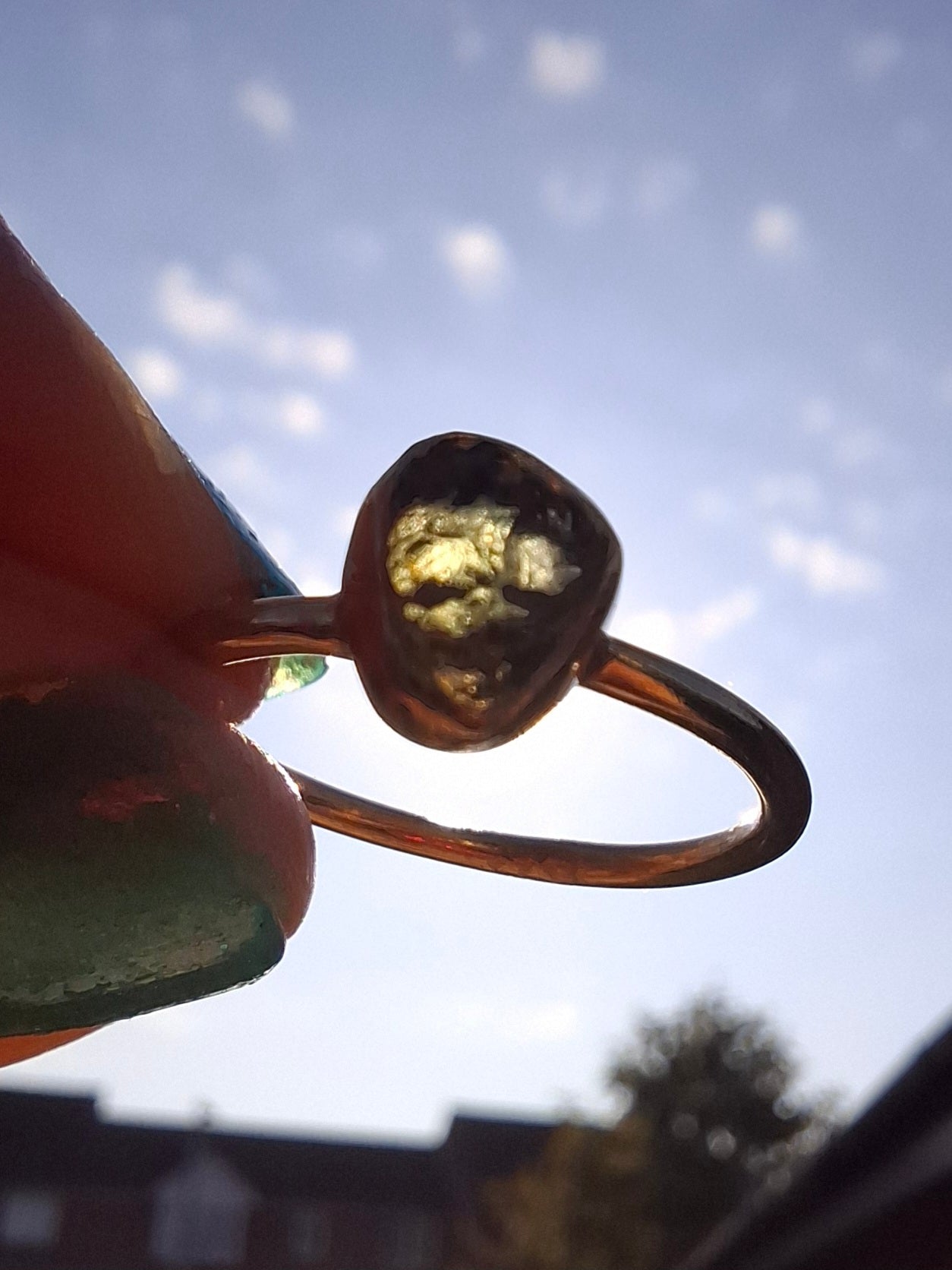 Moldavite Ring, 14K GOLD Plated, size large L, Tektite (Ref: R343)