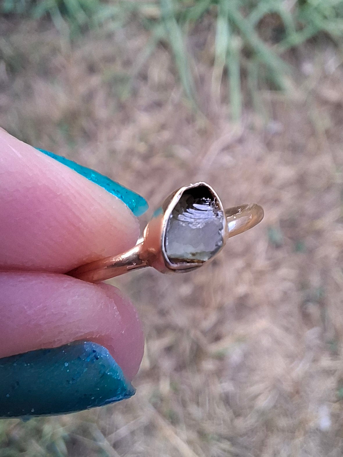 Moldavite Ring, 14K GOLD Plated, size large G / small H, Tektite (Ref: R334)