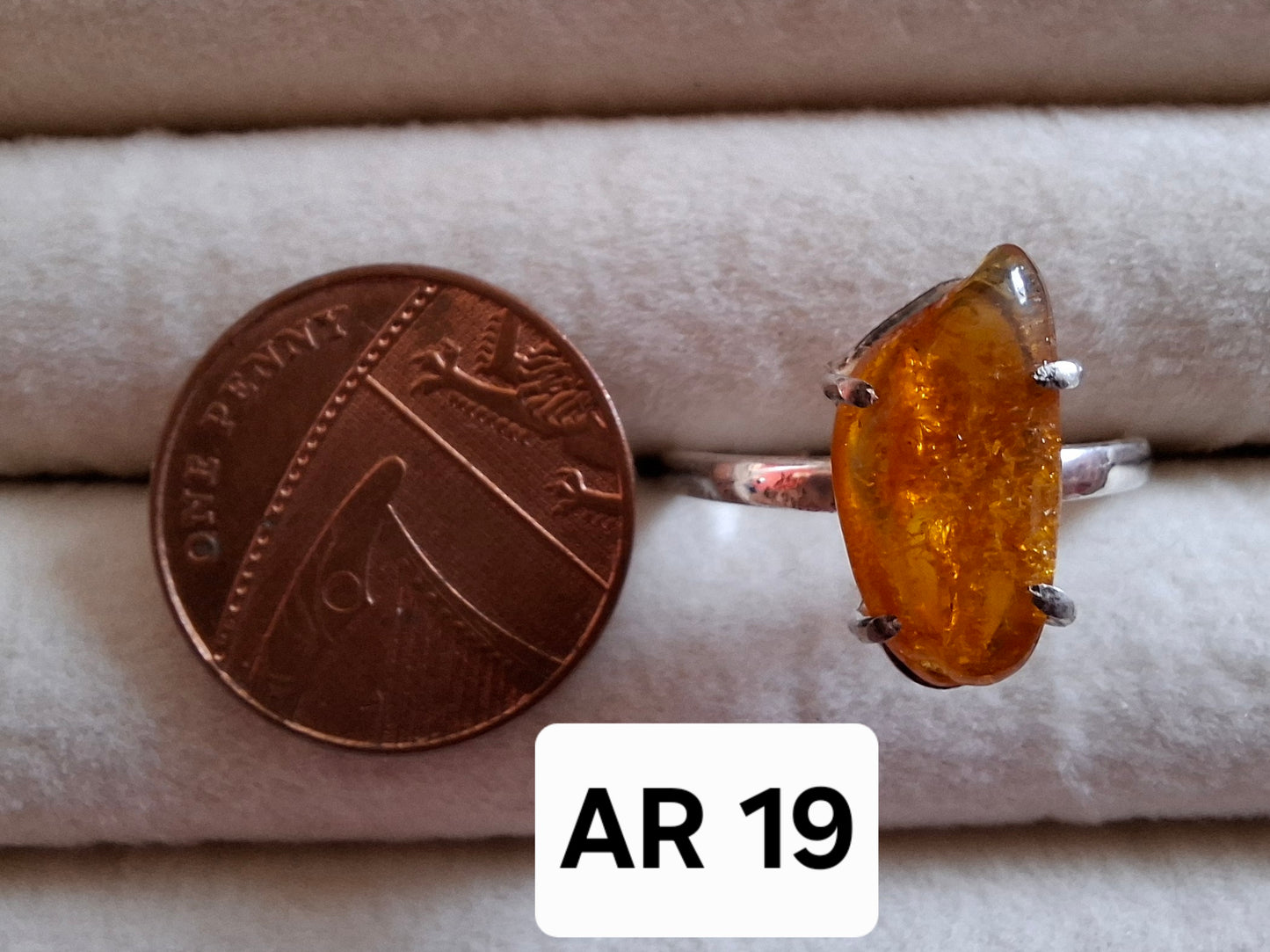 Baltic Amber Ring, size large T/small U, 925 Silver, Fossil (Ref: AR19)