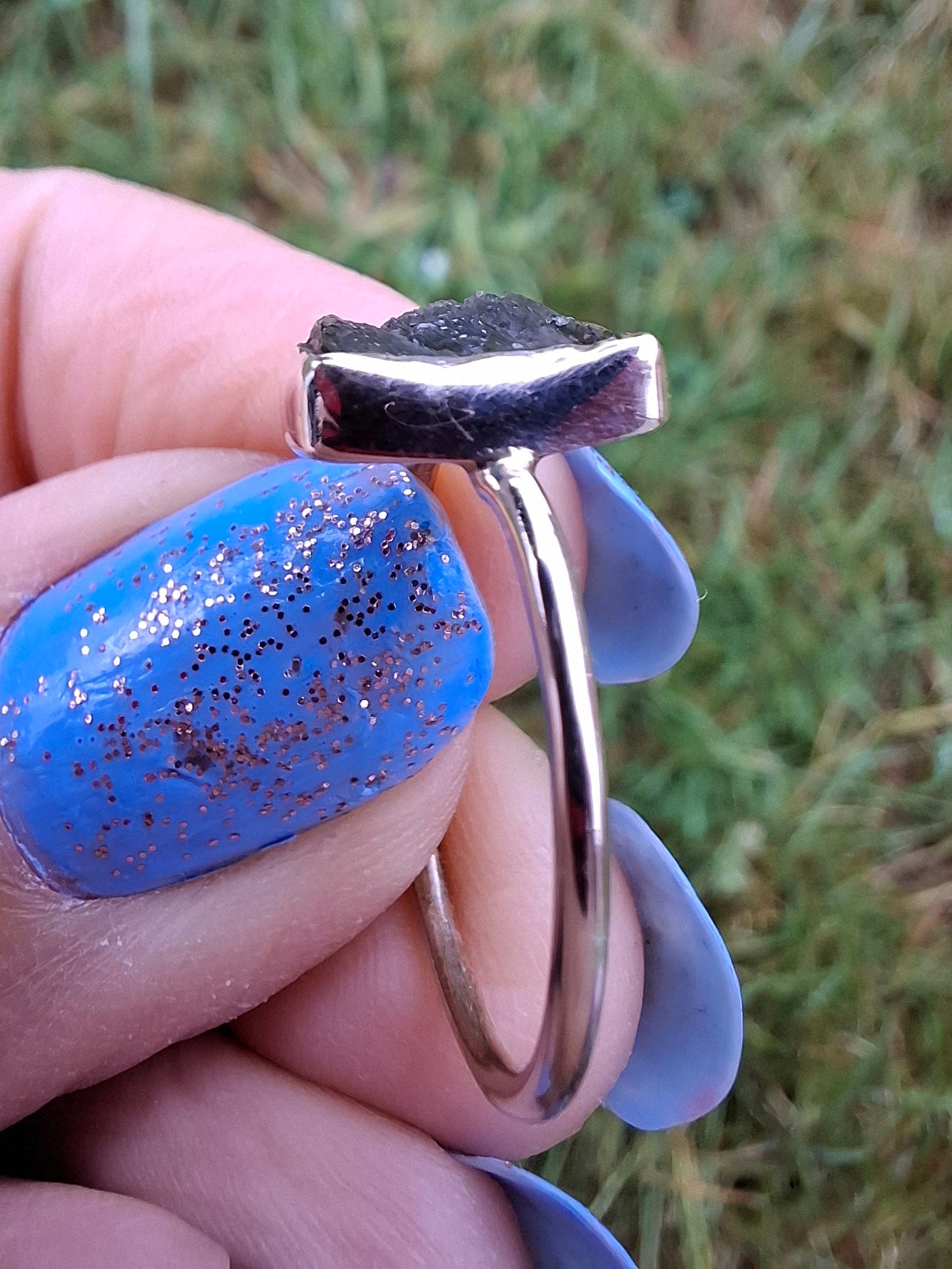 Moldavite Ring, size large P/small Q, 925 Silver, Tektite (Ref: R26)