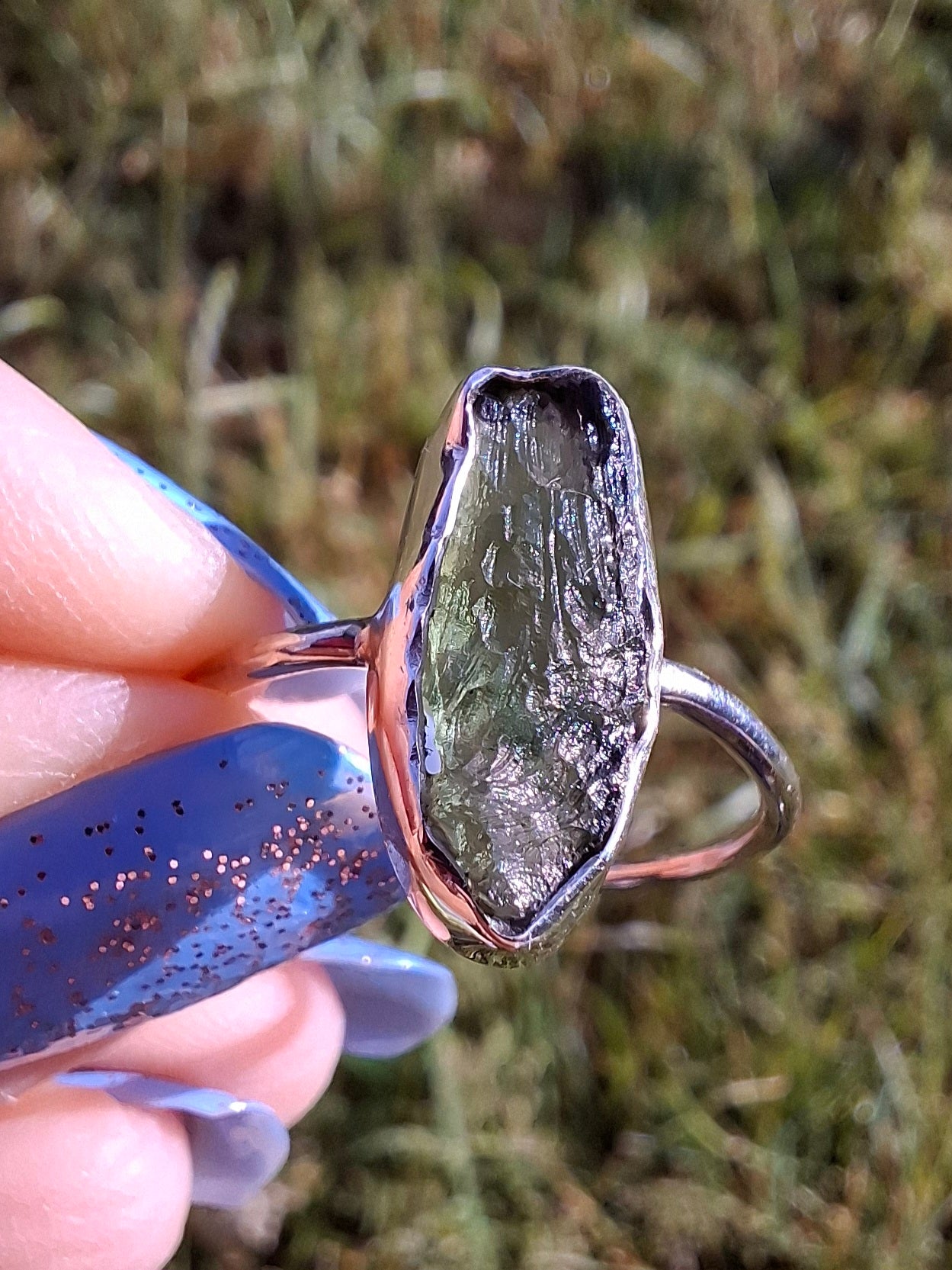 Moldavite Ring, size large R, 925 Silver, Tektite (Ref: R27)